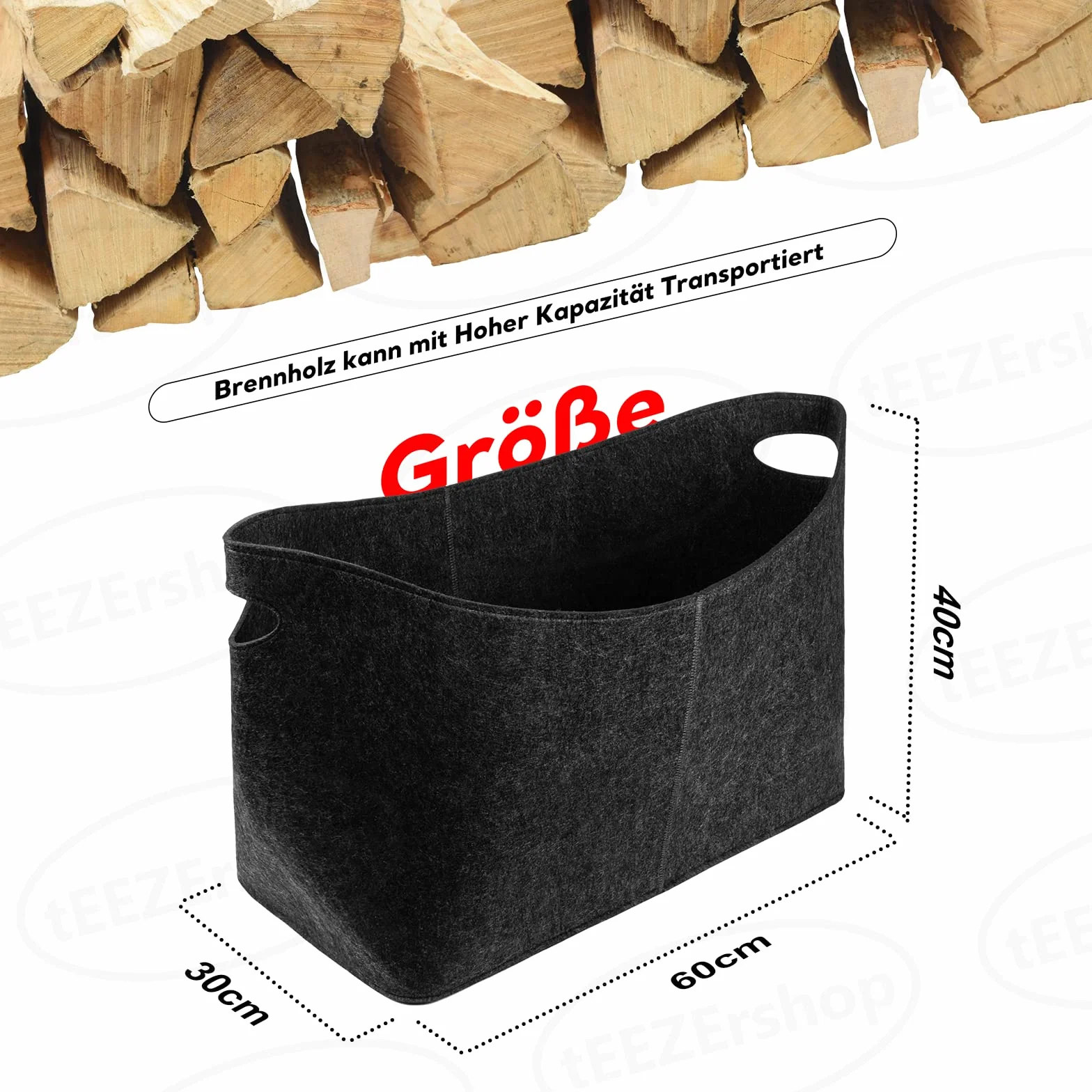 XXL Filcowy Kosz Na Drewno Kominkowe 60 x 40 x 30 cm - Bardzo Gruby 5 mm, Składany, Udźwig 60 kg, Torba Na Gazety, Ubrania (Ciemnoszary)