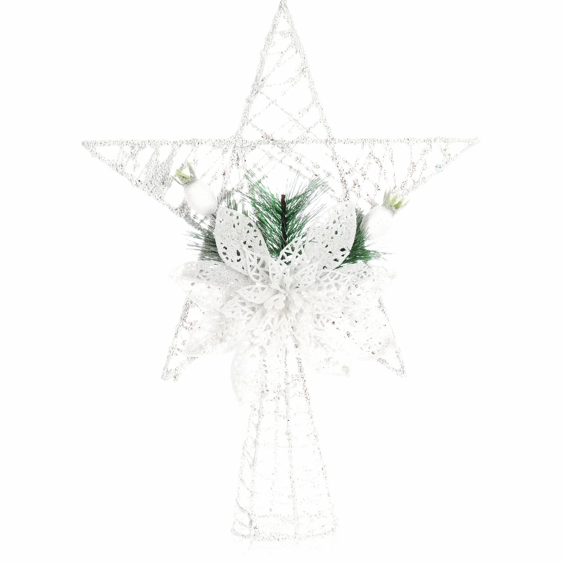 com-four® dekoracyjna gwiazda swiateczna – metalowa ozdoba z igla sosny, kwiatem i jagoda – biala gwiazda stojaca (White Classic Star XL)