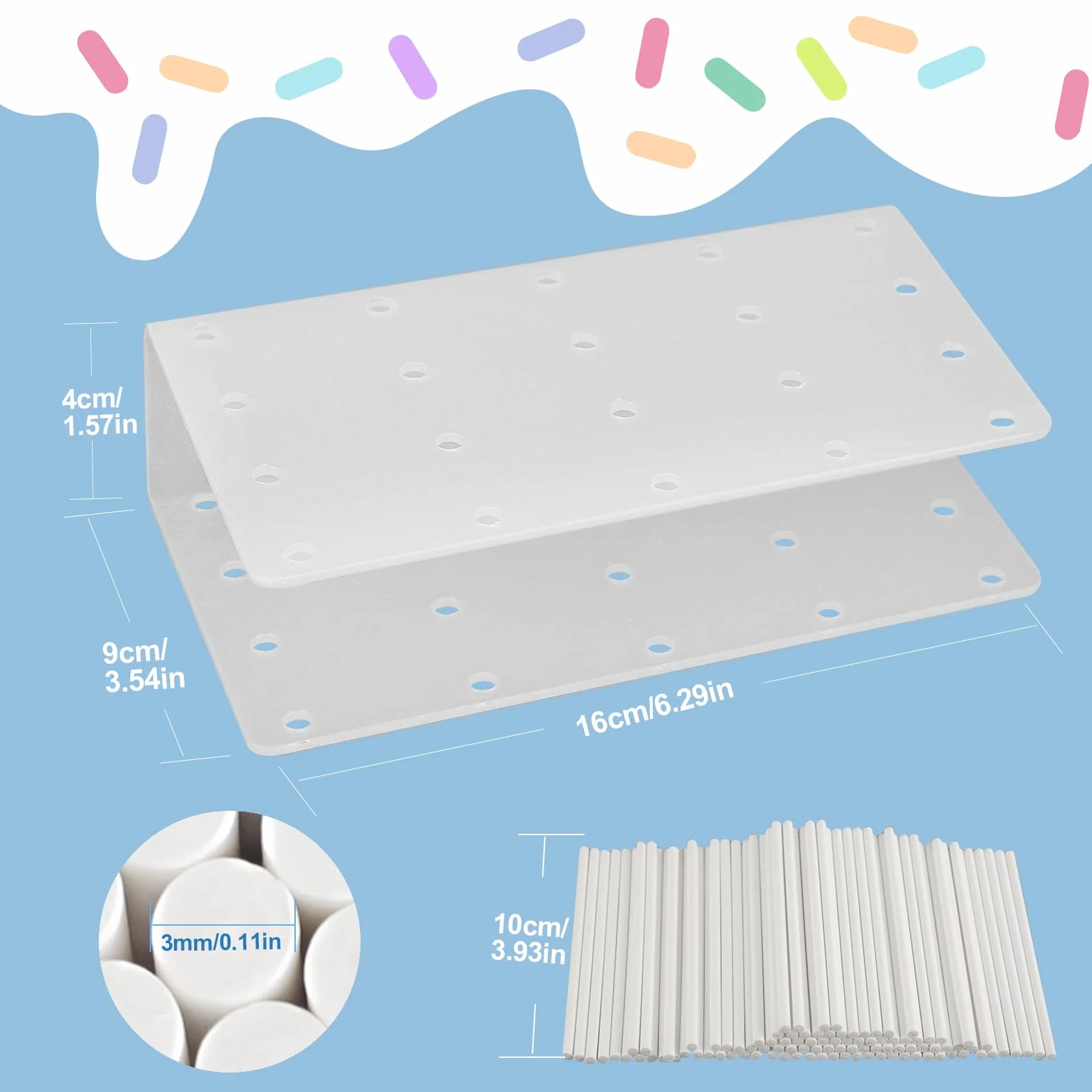 Zestaw 2 Przezroczystych Stojaków na Cake Pops z Akrylu + 200 Białych Patyczków, 20 Otworów, Wielokrotnego Użytku, Idealny na Wesela, Urodziny, Imprezy i Candy Bar (16×9×4 cm)