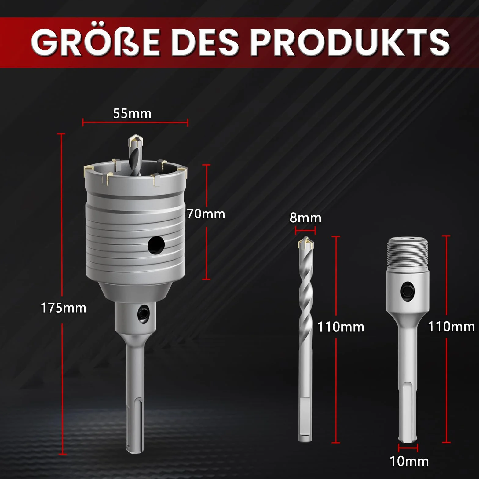 CSOOM otwornica do betonu 55 mm z przedłużeniem SDS-Plus 110 mm, zestaw otwornic do betonu, 4 wiertła centrujące 8 x 110 mm, końcówka z twardego metalu, 2 x wiertło centrujące