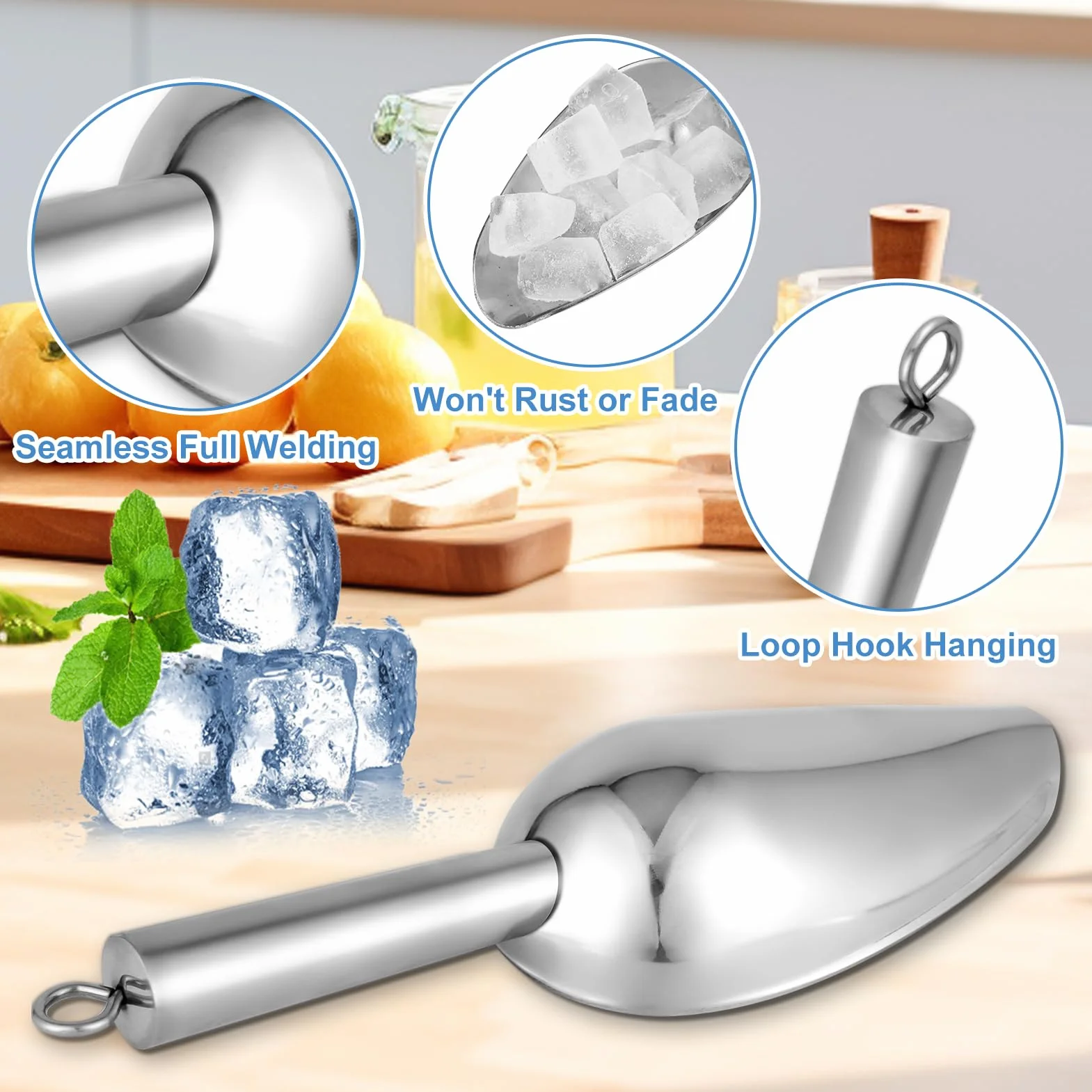 Metalowa szufelka do lodu do zamrażarki, 170 ml szufelka ze stali nierdzewnej do maszyny do lodu, wiadra do lodu, baru, kuchni, na imprezy, wielofunkcyjne łyżki do kostek lodu, popcornu, mąki