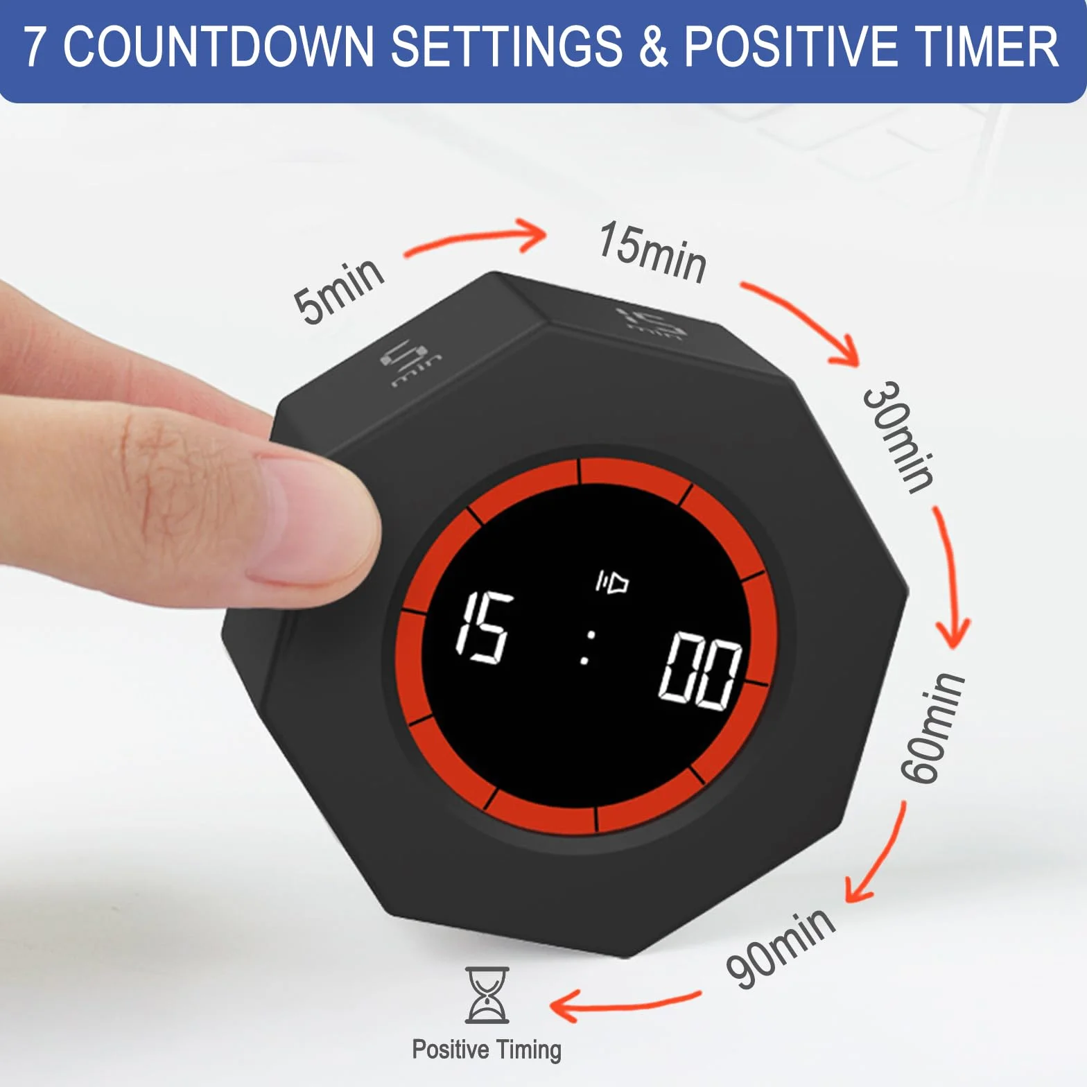 Timer kostkowy ośmiokątny Pomodoro 1-90 minut odliczanie LCD regulowany alarm czarny