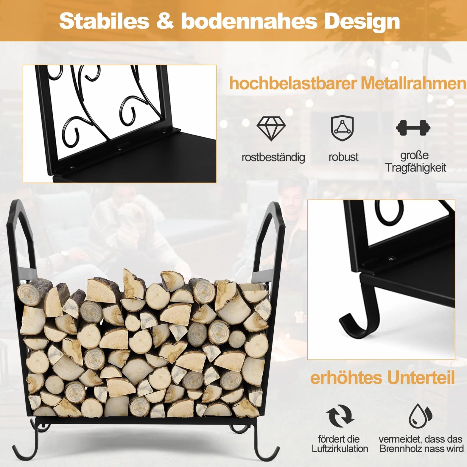 COSTWAY Metalowy regał na drewno kominkowe, regał opałowy ze stabilnym cokolem i uchwytami, stojak do użytku wewnątrz i na zewnątrz, 43 x 32,5 x 40 cm