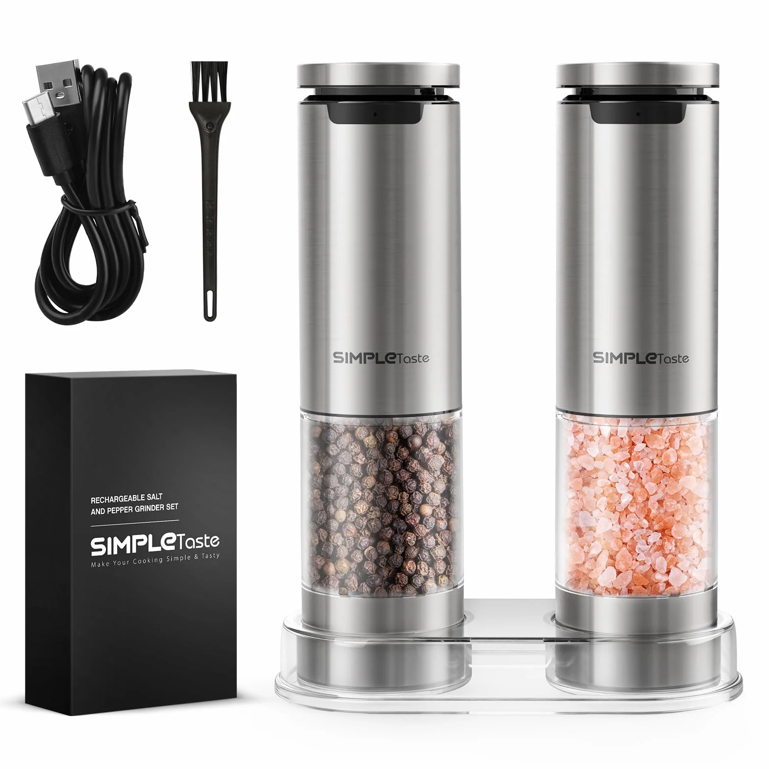 SIMPLETASTE Zestaw Elektrycznych Młynków do Pieprzu i Soli z Regulacją Grubości Mielenia, Ładowanie USB-C, LED, 2 sztuki