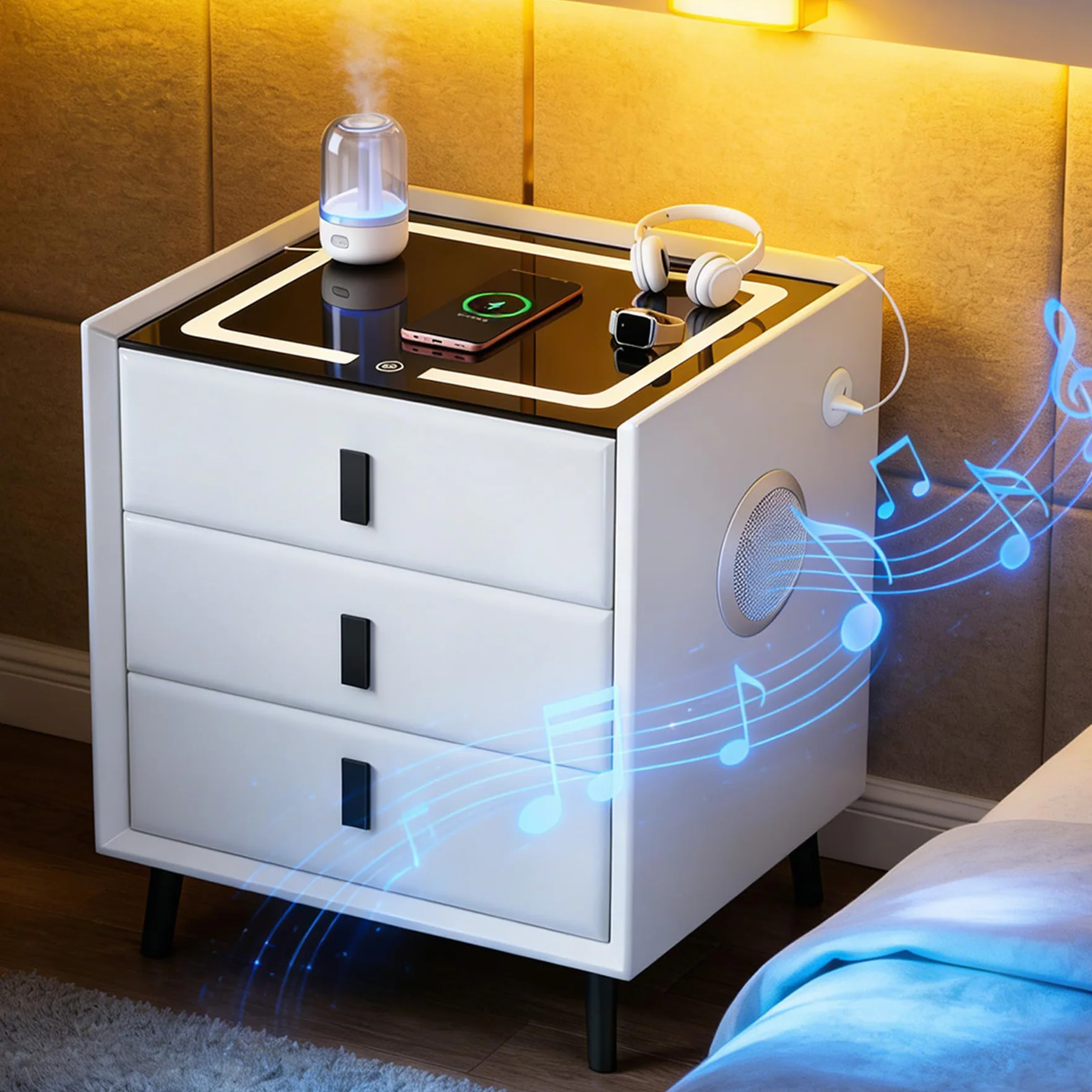 Stolik nocny z głośnikiem Bluetooth, stolik nocny z funkcją bezprzewodowego ładowania, światło LED, szafka nocna z 3 szufladami, 2 USB, typ C, komoda nocna z drewna z gniazdkiem, stolik pomocniczy