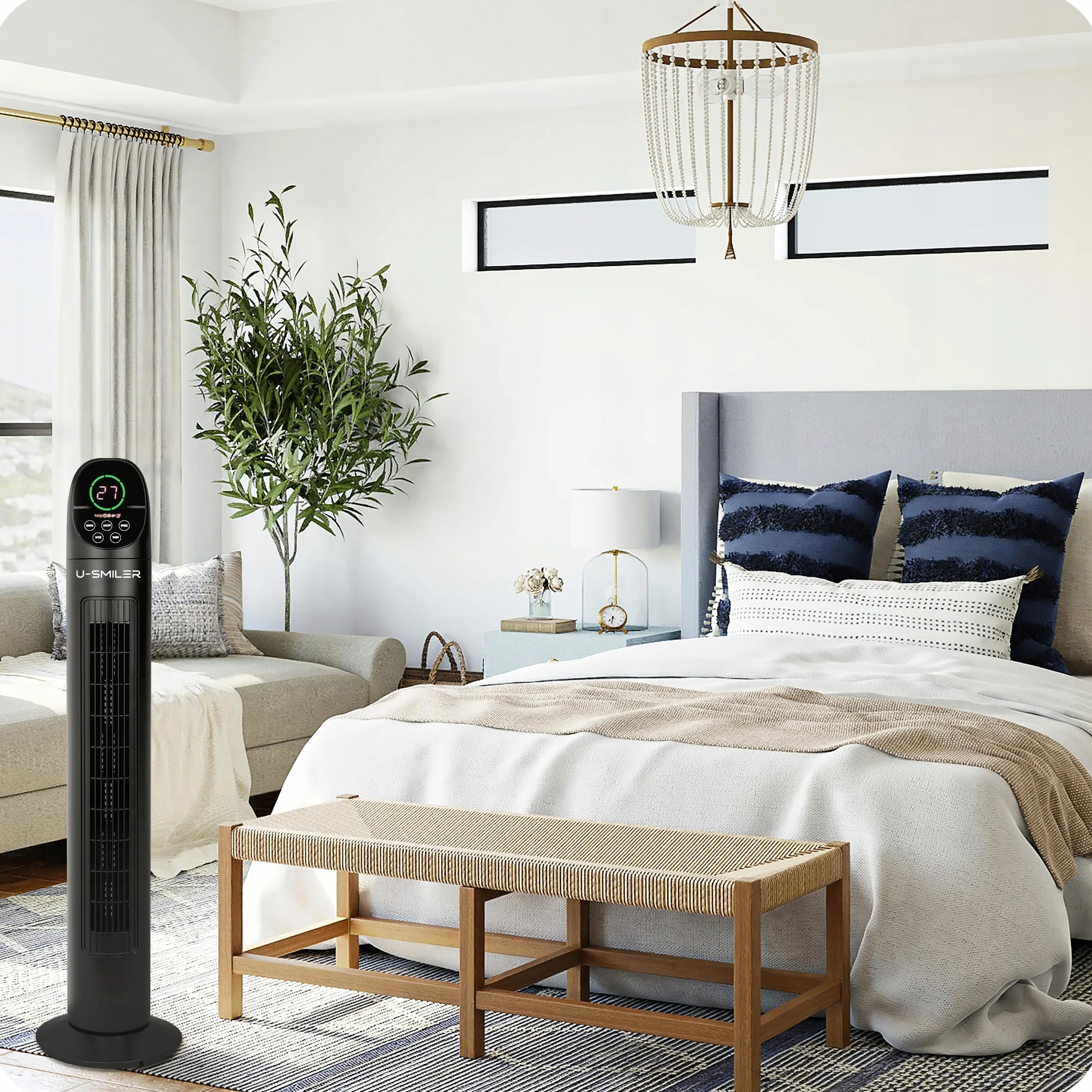Wentylator Kolumnowy 45W z Pilotem, Cichy Wiatrak Podłogowy 101 cm z Oscylacją 90°, LED, 3 Tryby, 3 Prędkości, Timer, Design Nowoczesny, Do Biura, Sypialni, Domu, Czarny