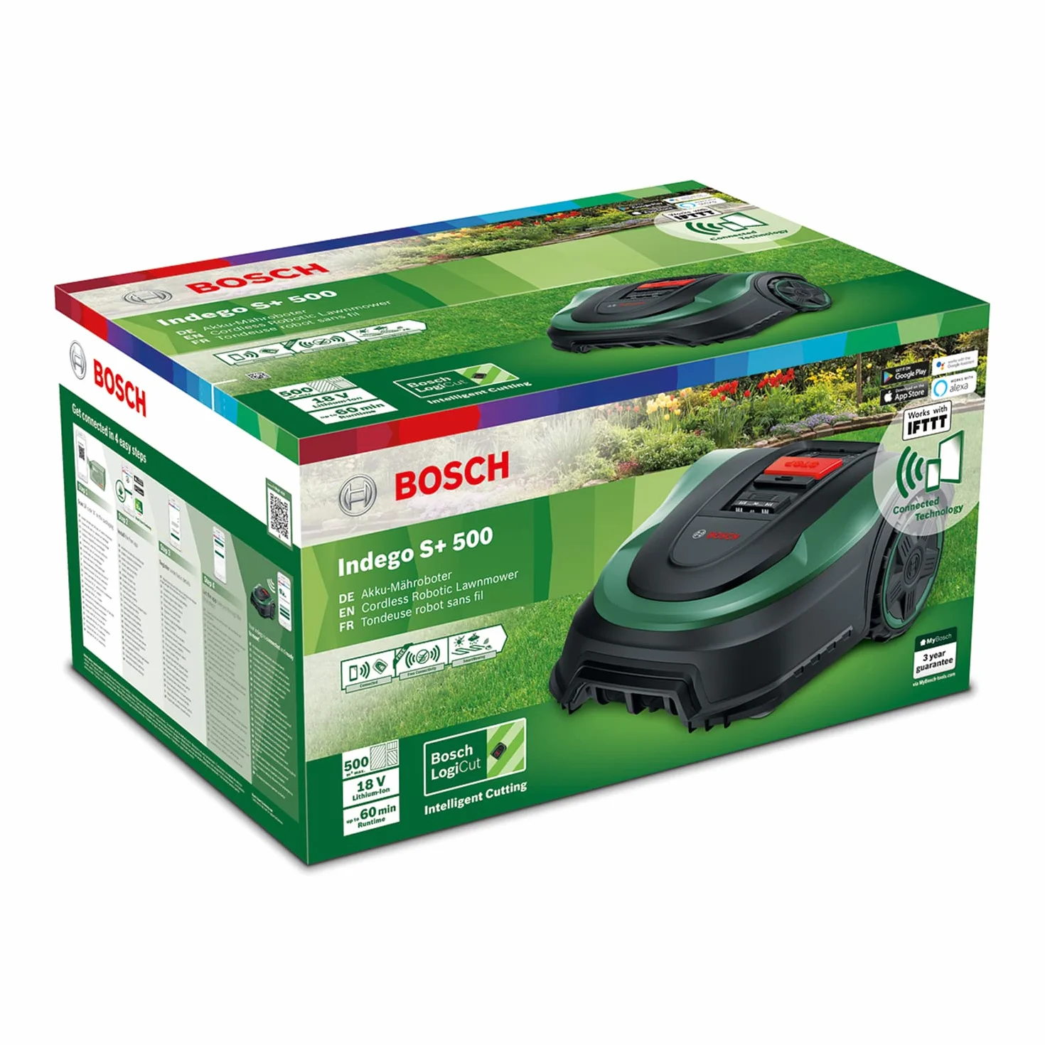 Bosch Home and Garden automatyczna kosiarka trawnikowa Indego S+ 500 (z akum. 18V i funkcją aplikacji, stacja ładująca w zestawie, szer. koszenia 19cm, do trawników o powierzchni do 500m², w kartonie)