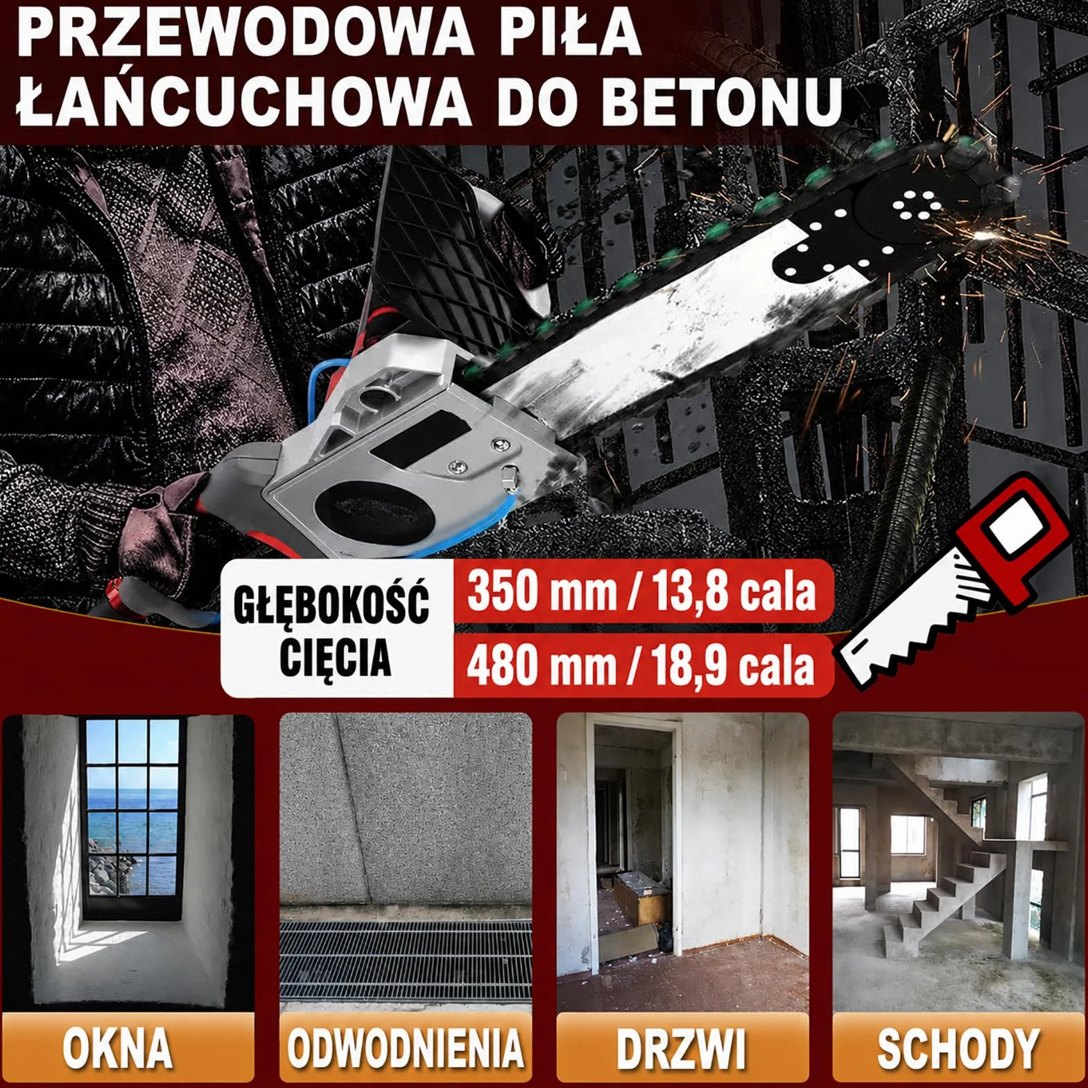 Elektryczna piła łańcuchowa do betonu z bezszczotkowym silnikiem, przecinarka do betonu, potężna piła łańcuchowa z dwoma łańcuchami/prowadnicą, do betonu zbrojonego/ściany z czerwonej cegły/ściany