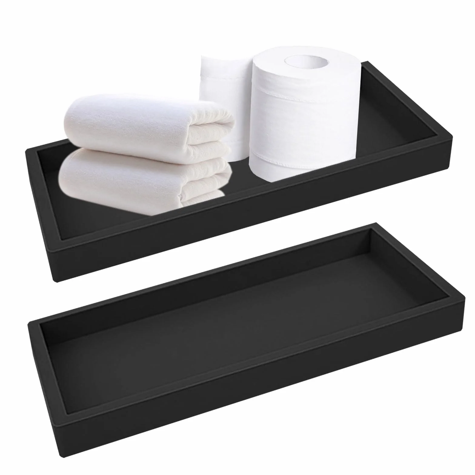 Qivine 2 sztuki tac łazienkowych, 30 x 12 x 1,8 cm, prostokątne, silikonowe, czarne, dekoracyjne, toaletka, taca łazienkowa, na biżuterię, świece, ręczniki, mydło