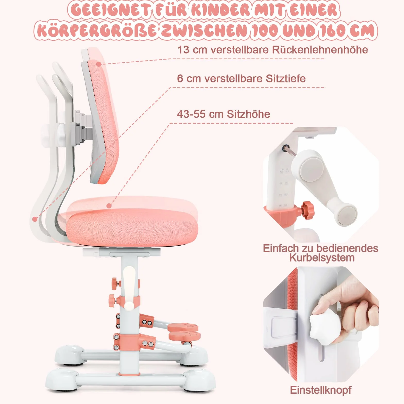 COSTWAY Krzesło biurowe dla dzieci, 43-55 cm, z regulacją wysokości, krzesło biurowe dla dzieci od 3 lat z regulowanym podwójnym oparciem, podnóżkiem i głębokością siedziska, krzesło biurowe bez