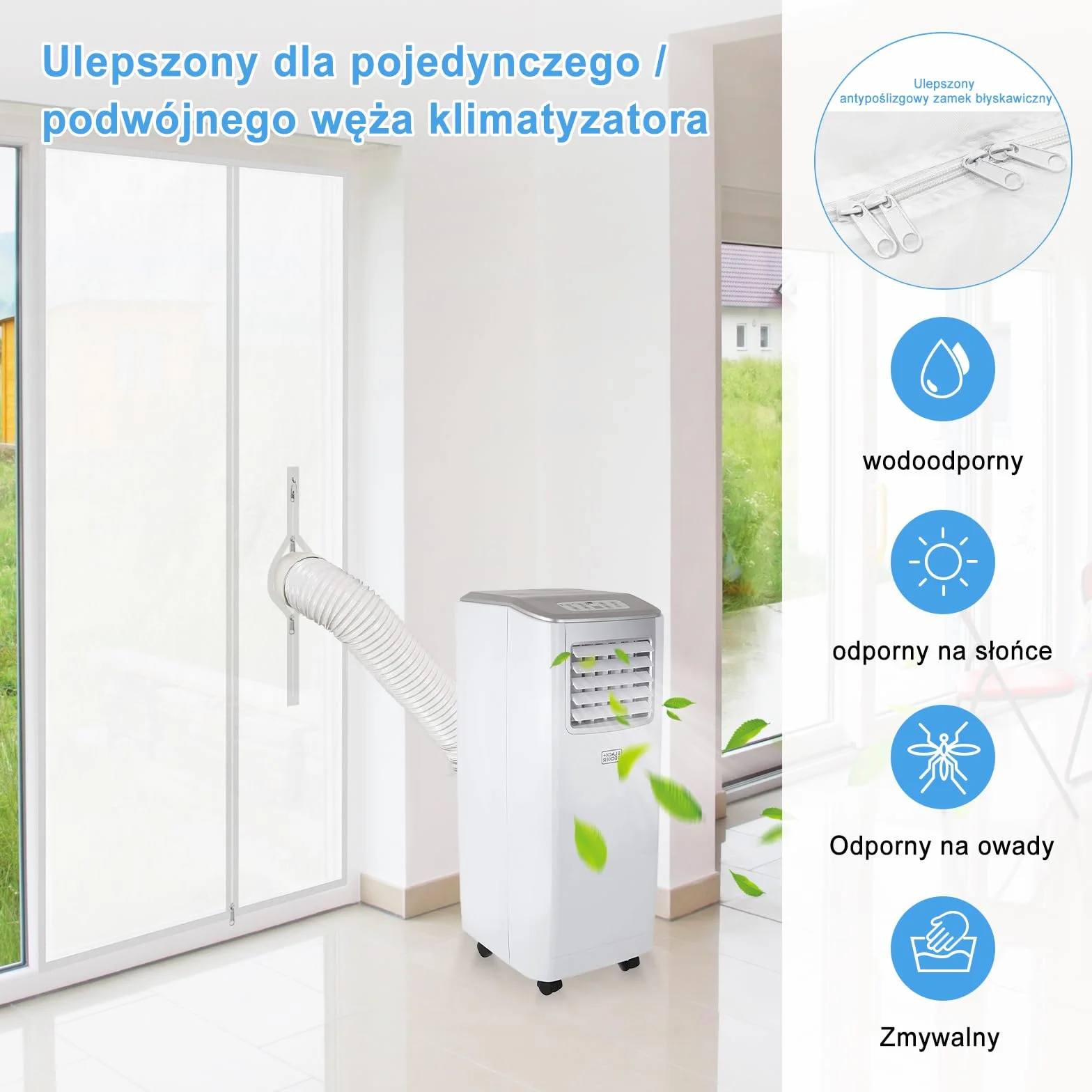 REDTRON 90 x 210 CM Uszczelka drzwi z zamkiem błyskawicznym do przenośnego klimatyzatora, osłony wymiany powietrza z zamkiem błyskawicznym do suszarek bębnowych i suszarek wydechowych, blokada powietrzna do mocowania do drzwi, nie ma potrzeby wiercenia ot
