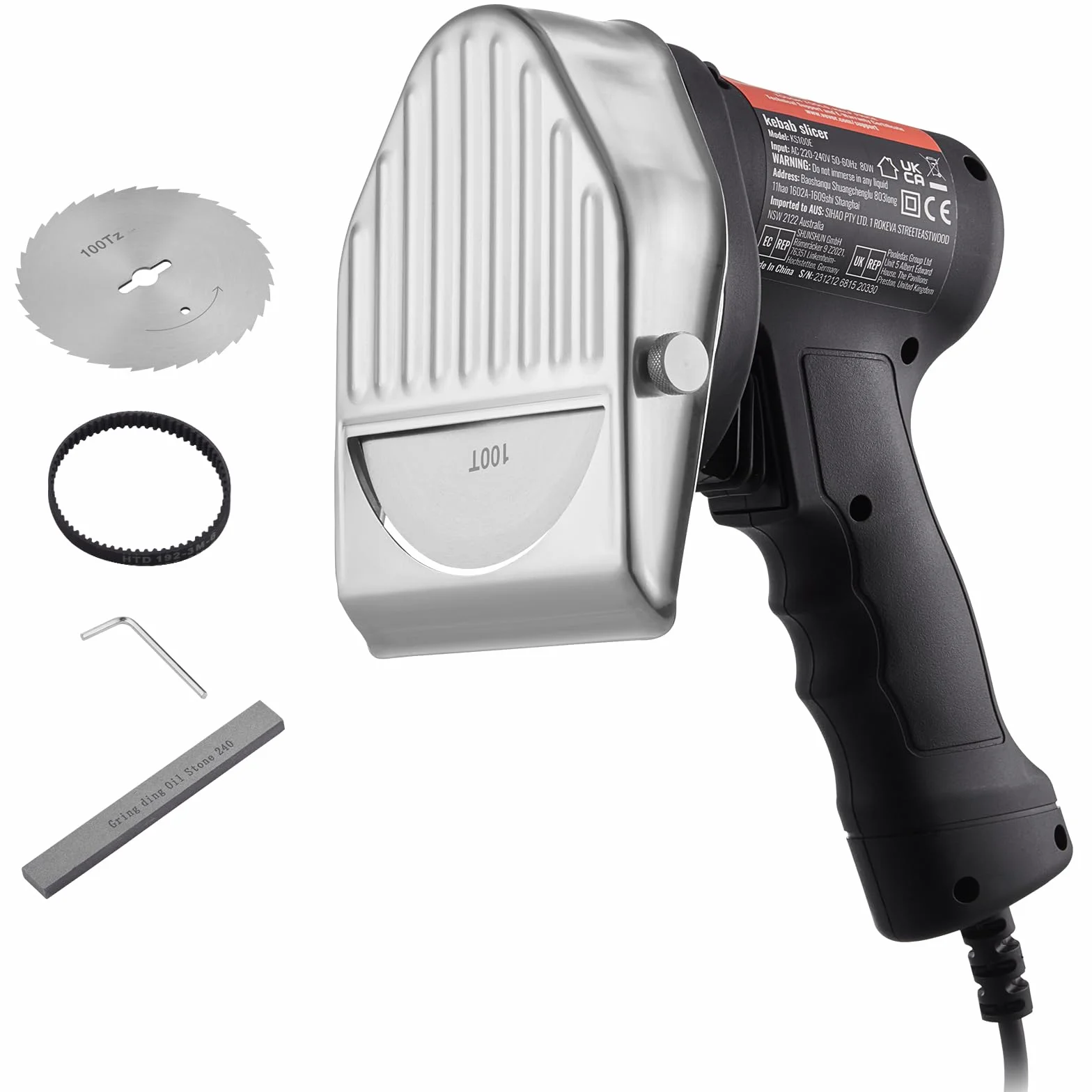 VEVOR Elektryczny nóż do kebabu 80 W, turecka krajalnica do mięsa Shawarma Döner Kebab ze stali nierdzewnej, z 2 ostrzami o średnicy 100 mm, regulowana grubość 0–8 mm, do restauracji, baru