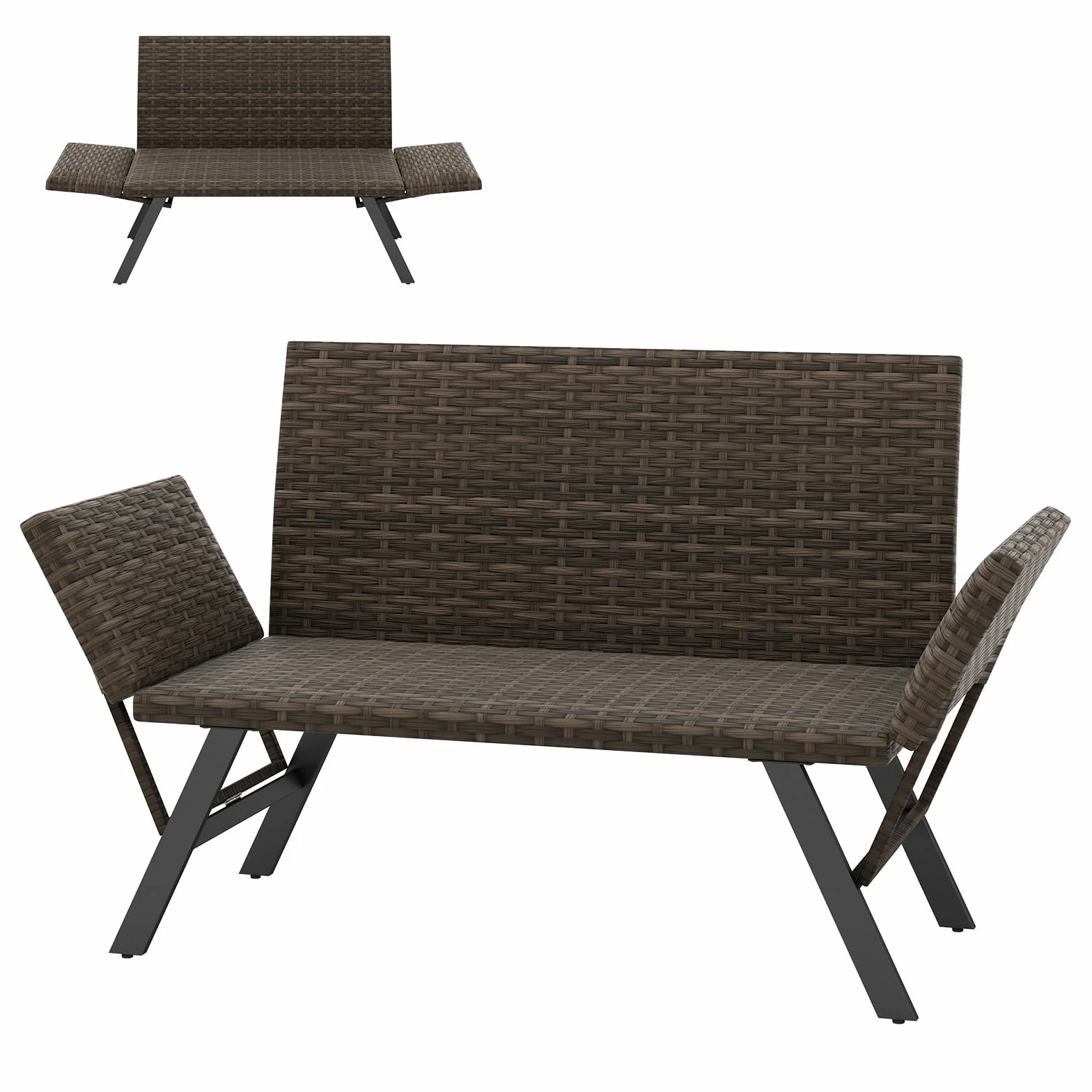 GIANTEX 2-osobowa rattanowa sofa ogrodowa, rozkładana ławka ogrodowa z regulowanymi podłokietnikami, pleciona konstrukcja, długość 163–178 cm, obciążenie 300 kg, leżanka ogrodowa na taras