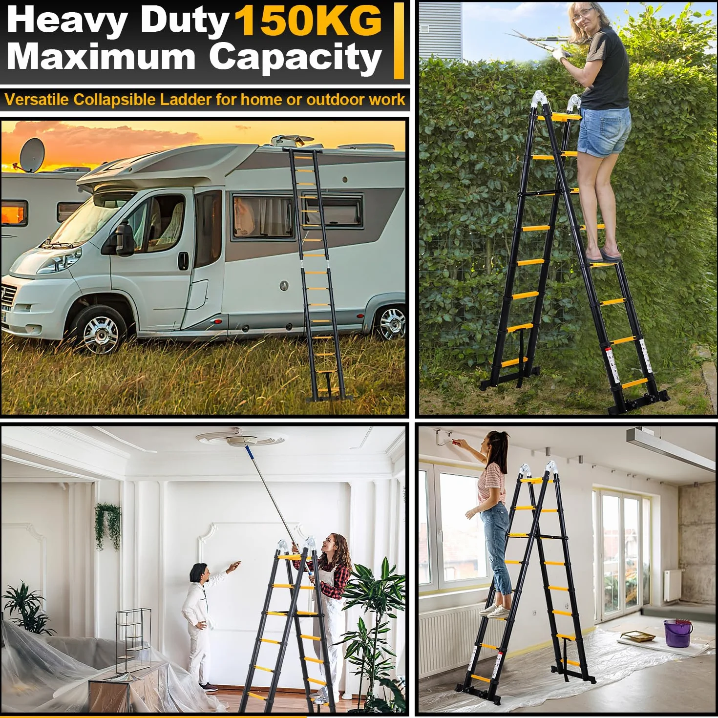 Aluminiowa drabina teleskopowa, 5 m (2,5 + 2,5 m), antypoślizgowa, wielofunkcyjna, przenośna, obciążenie do 150 kg, czarna