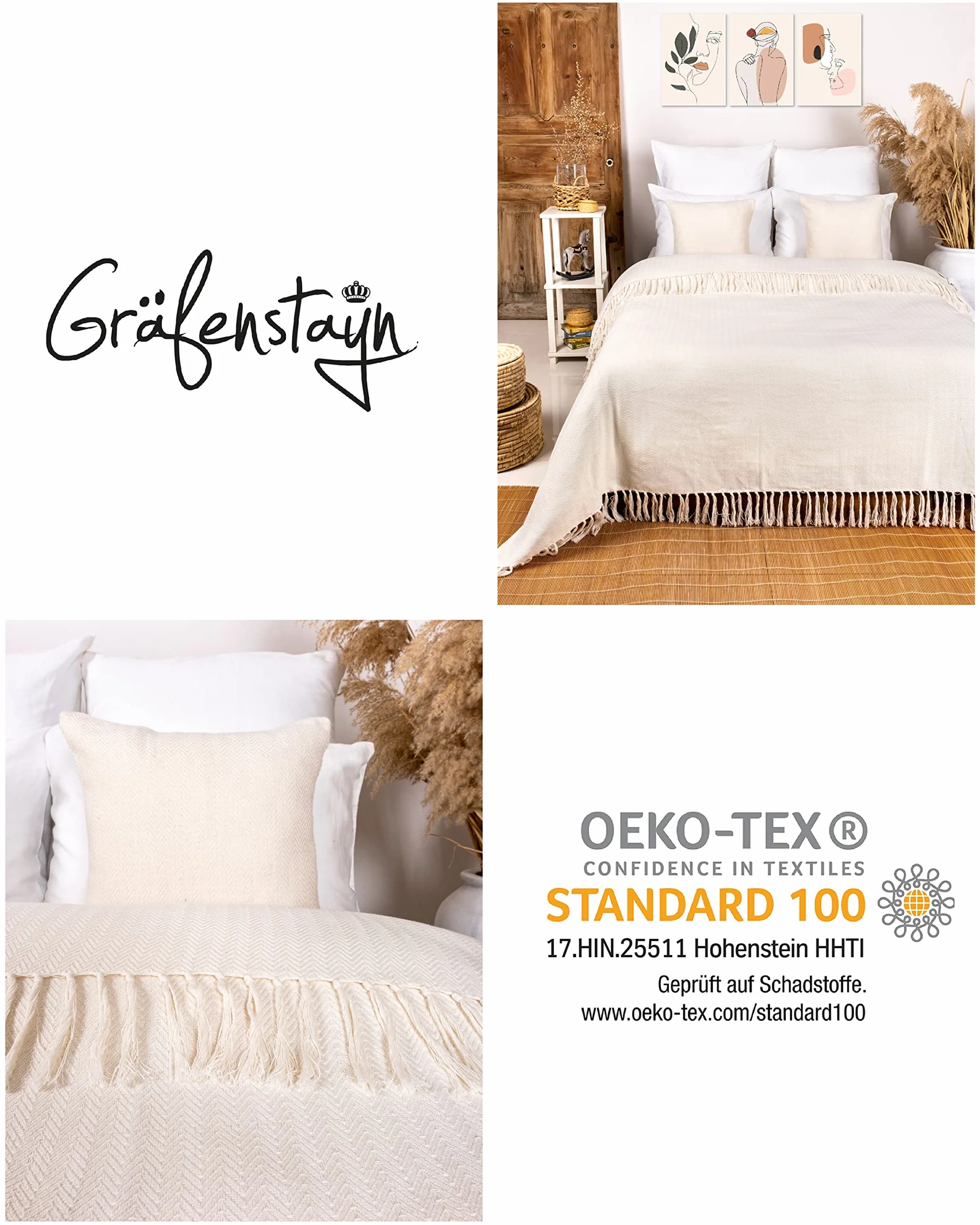 Gräfenstayn Narzuta klasy premium z frędzlami, XXL, 100% bawełna, wzór w jodełkę, koc, na lato, na łóżko, na kanapę, na sofę, 220 x 240 cm, kremowa