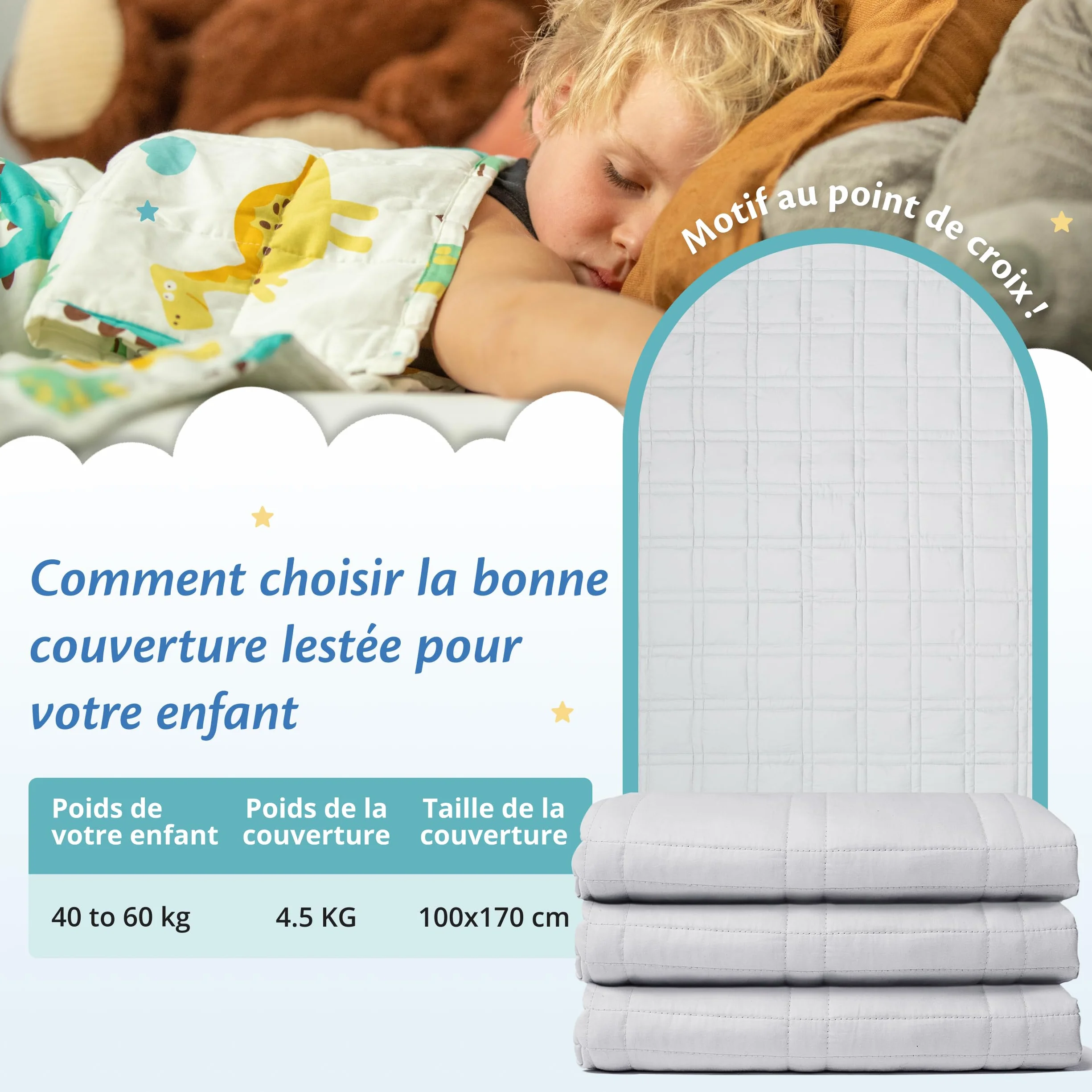 Ella Gewichtsdeken voor kinderen, 4,5 kg, 100 x 170 cm, therapiedeken, voor stressvermindering en angst, hypoallergene glazen kralen, zachte en verkoelende katoenen buitenlaag, voor kinderen van 40-60