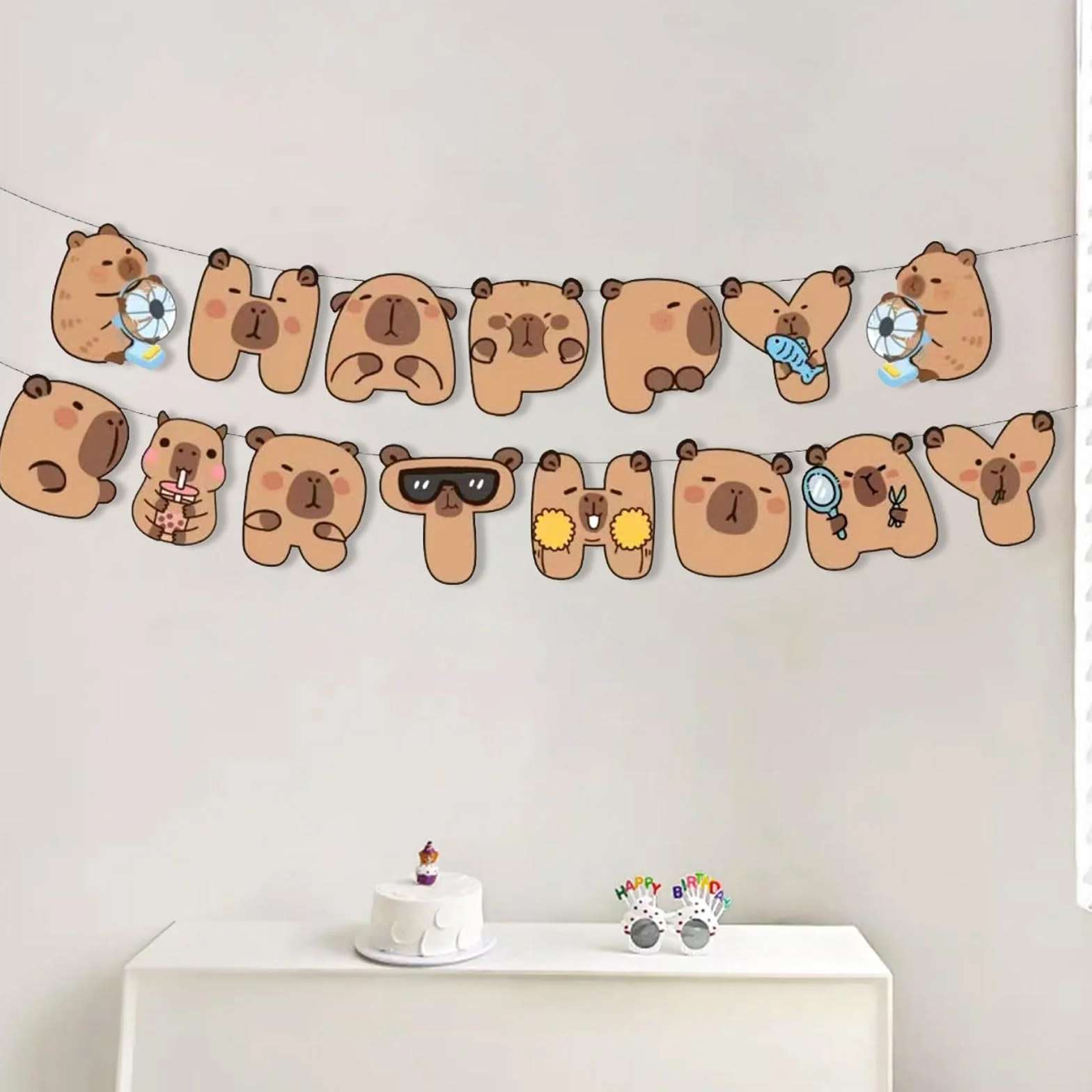 Goiern Happy Capybara dekoracje urodzinowe – słodki baner na przyjęcie urodzinowe Capy i 8 pojedynczych papierowych kartek z kokardkami