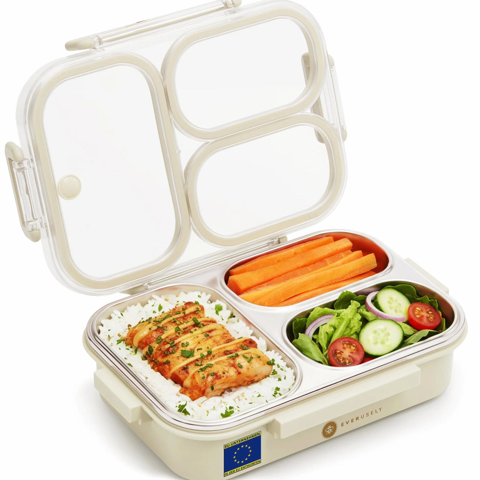 Stainless Steel Bento Lunchbox - 750 mL - Leakproof Metal Lunch Box with 3 Compartments - Premium Sectional Snack Container with Clear Lid - by Everusely