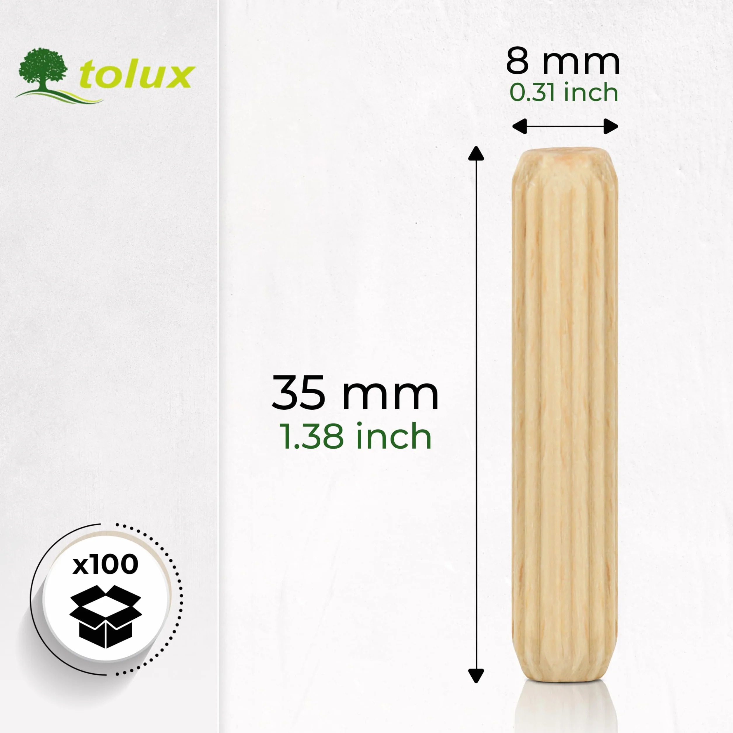 Tolux Kołek drewniany 8x35 [mm] 100 sztuk, kołki ryflowane z litego drewna, wykonane z wysokiej jakości drewna bukowego wg normy DIN 68150