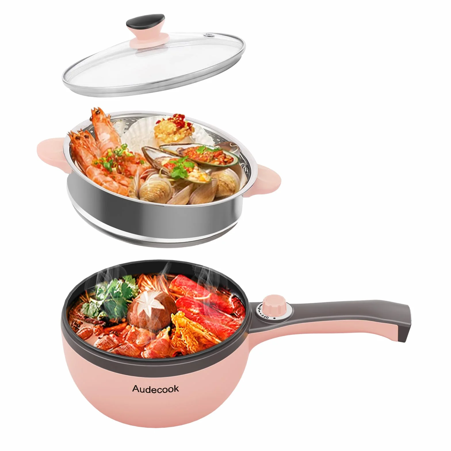 Audecook Hot Pot Elektryczna mini patelnia elektryczna, przenośna, nieprzywierająca patelnia do smażenia z regulacją mocy, szybka kuchenka do ramenu, podróżny multicooker, garnek elektryczny, do zupy