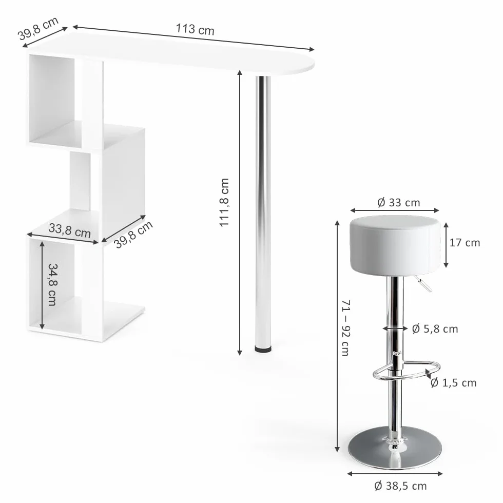 Vicco Zestaw stołu barowego "Vincent", Biały, 113 x 39.8 cm z 2 stołkami barowymi