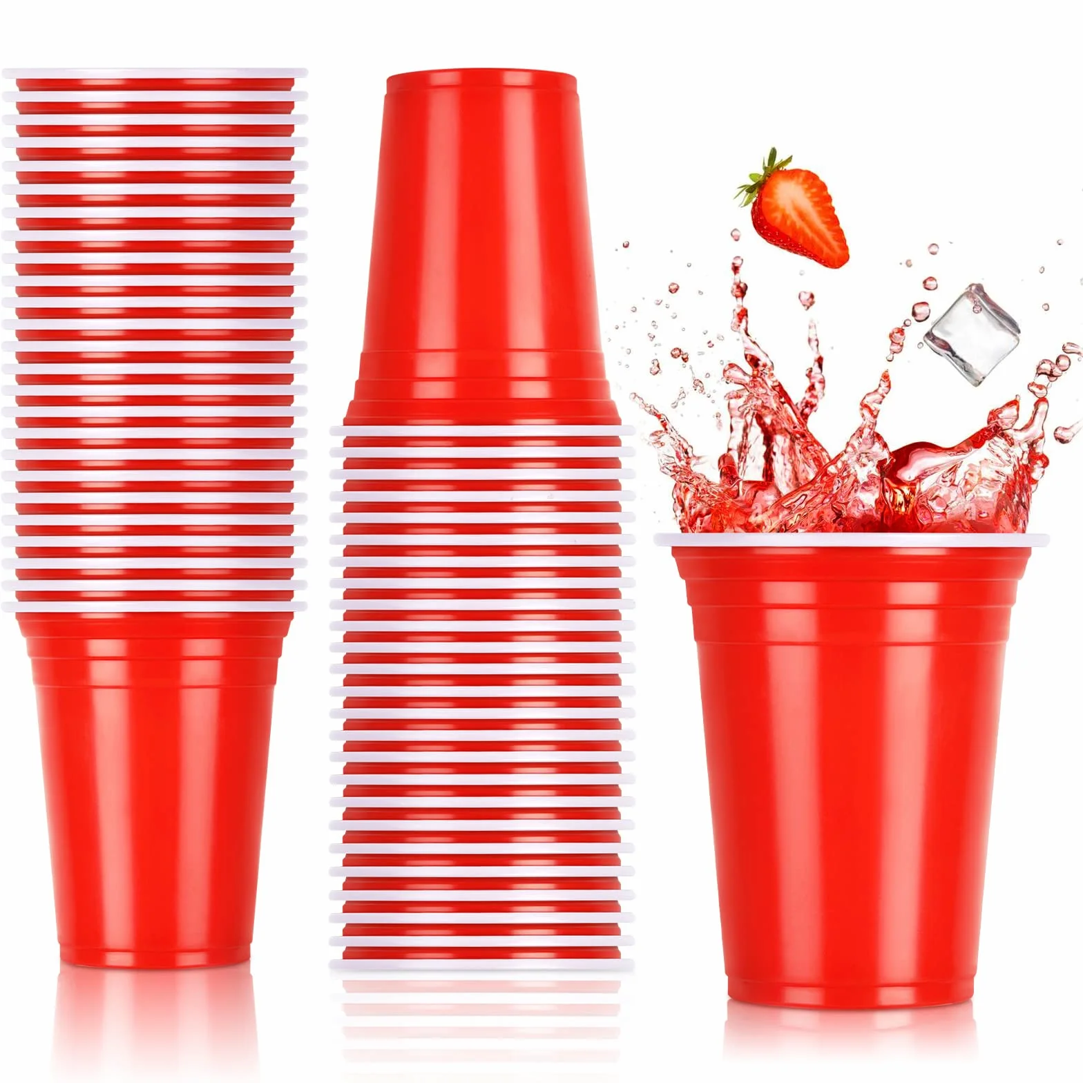 NUZEKY Zestaw 100 czerwonych kubków plastikowych 350 ml wielokrotnego użytku