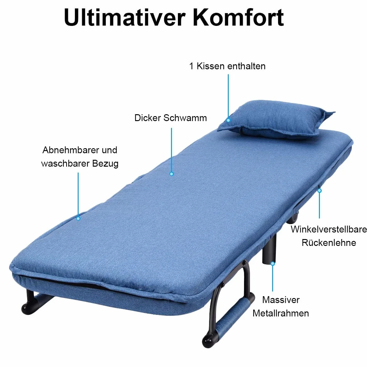 COSTWAY Fotel do spania 3 w 1 z funkcją łóżka, sofa do spania, składana, fotel składany, sofa z regulowanym oparciem, w zestawie poduszka, do sypialni, salonu, biura (niebieski)
