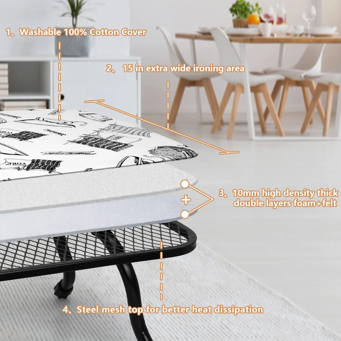 Duwee Deska do Prasowania na Stół, Mała Deska do Prasowania z Haczykiem do Zawieszenia, 100% Bawełniany Pokrowiec, Składane Nóżki i Kompaktowy Rozmiar, 40 x 77 cm