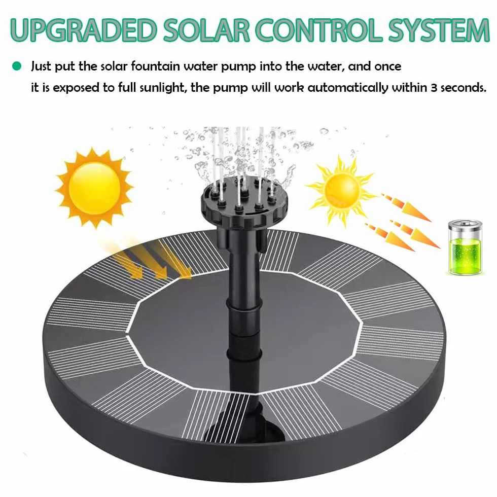 Solarna fontanna o mocy 3,5 W, akumulator 1200 mAh, ulepszona pompa do stawu, pompa wodna – praca w pochmurne dni, solarna pompa pływająca z 6 dyszami, do ogrodu, łaźni dla ptaków, ryb (18 cm)