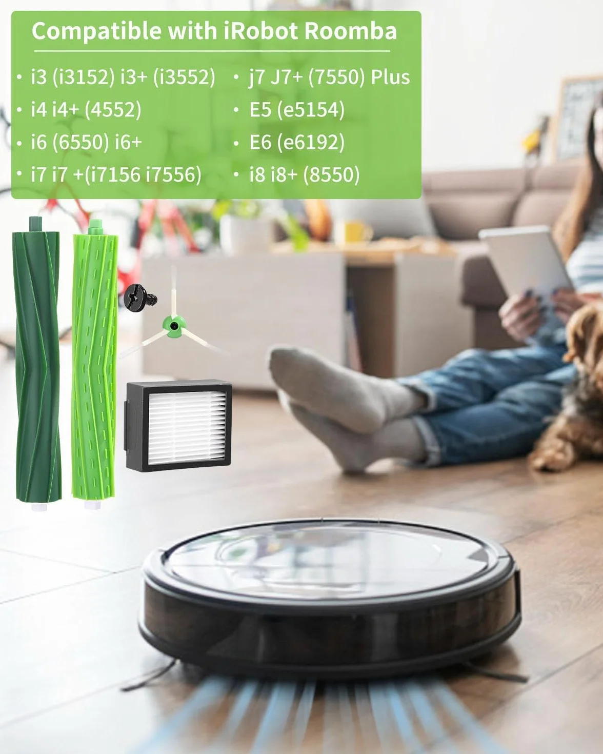 Akcesoria do iRobot Roomba serii E&I&J i7+ i3 i3+ i4 i4+ i6 i6+ j7 j7+ i8 i8+ E5 E6 E7, szczotki odkurzacza, 1 zestaw gumowych szczotek, 4 filtry, 6 szczotek bocznych