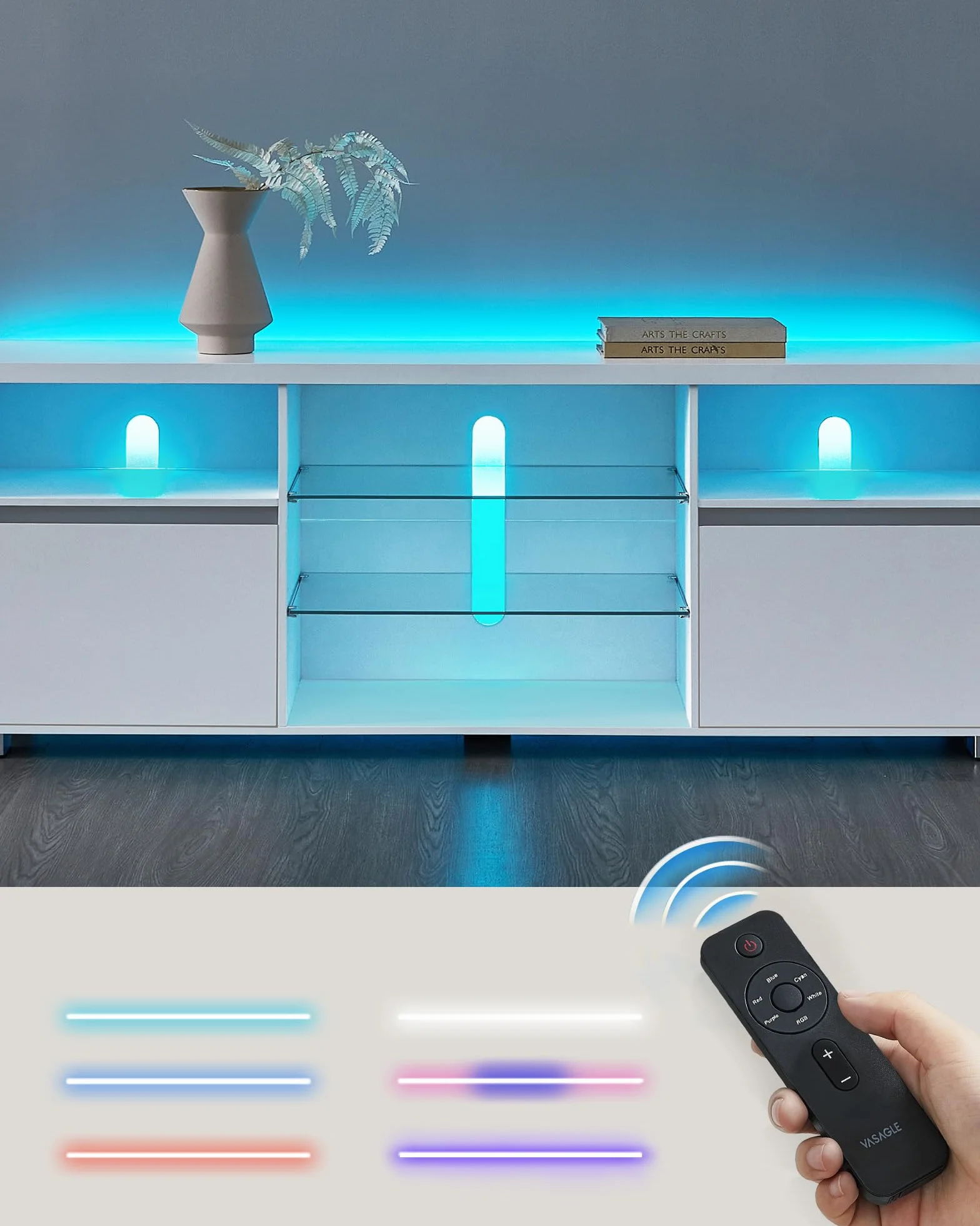 Kolekcja VASAGLE KAILYN - szafka pod telewizor z oświetleniem LED, stół pod TV, stojak na telewizor do 70 cali, z otwartymi półkami, 2 szafki z drzwiami, 160 cm, do salonu, biały LTV331T10