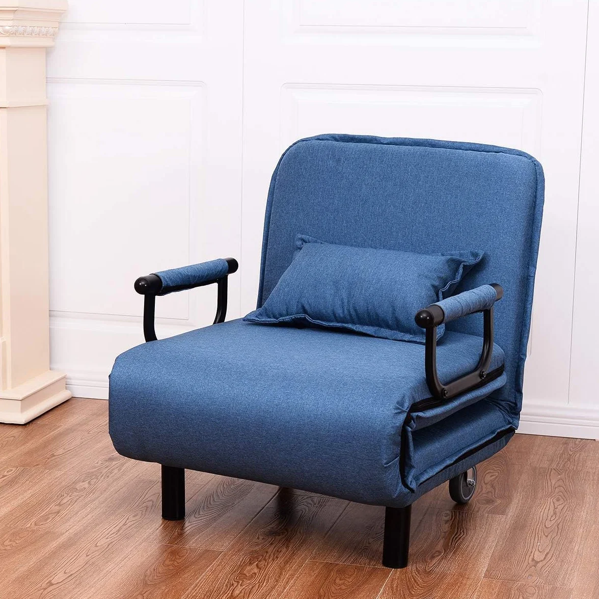 COSTWAY Fotel do spania 3 w 1 z funkcją łóżka, sofa do spania, składana, fotel składany, sofa z regulowanym oparciem, w zestawie poduszka, do sypialni, salonu, biura (niebieski)