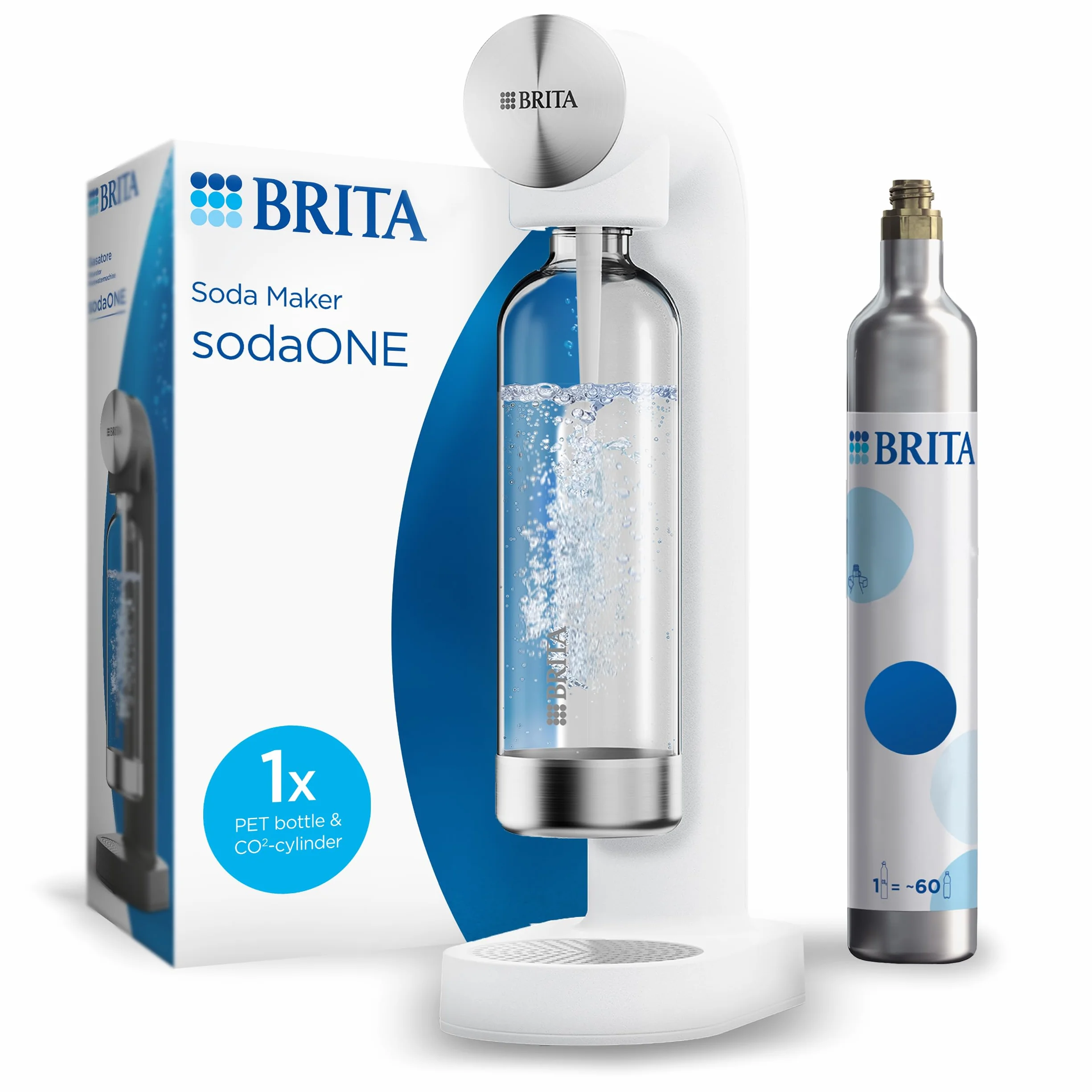 Saturator do wody BRITA sodaONE biały, w zestawie cylinder CO2 i butelka PET, do 60L wody gazowanej, smaczna świeża woda gazowana