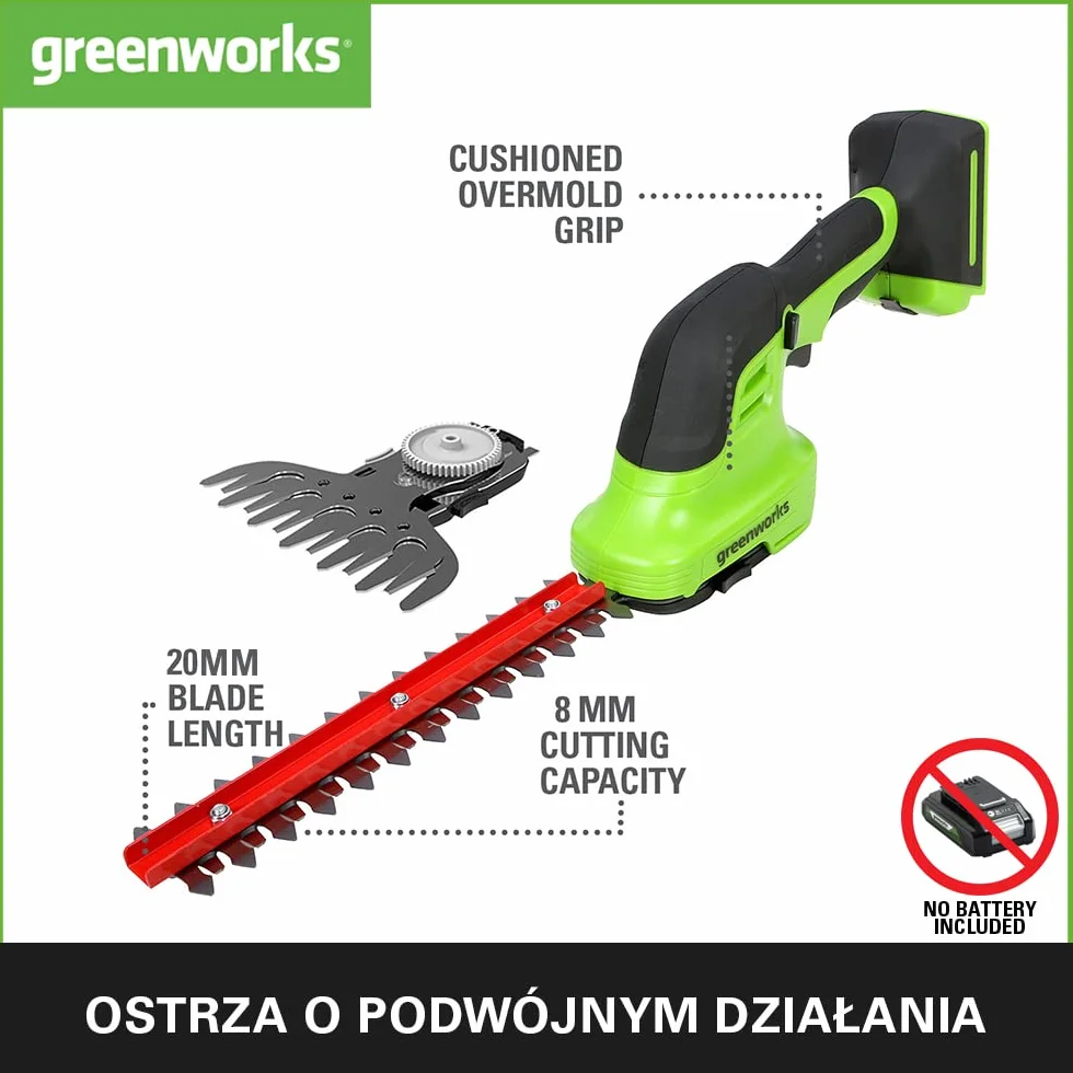 Greenworks G24SHT Nożyce do Trawy i Krzewów 2w1, 20 cm Ostrza do Żywopłotu, Cięcie Gałęzi i Łodyg do 8 mm, 2800 Cięć na Minutę, 15 cm Ostrze do Trawy BEZ Baterii 24V i Ładowarki, 3 Lata Gwarancji