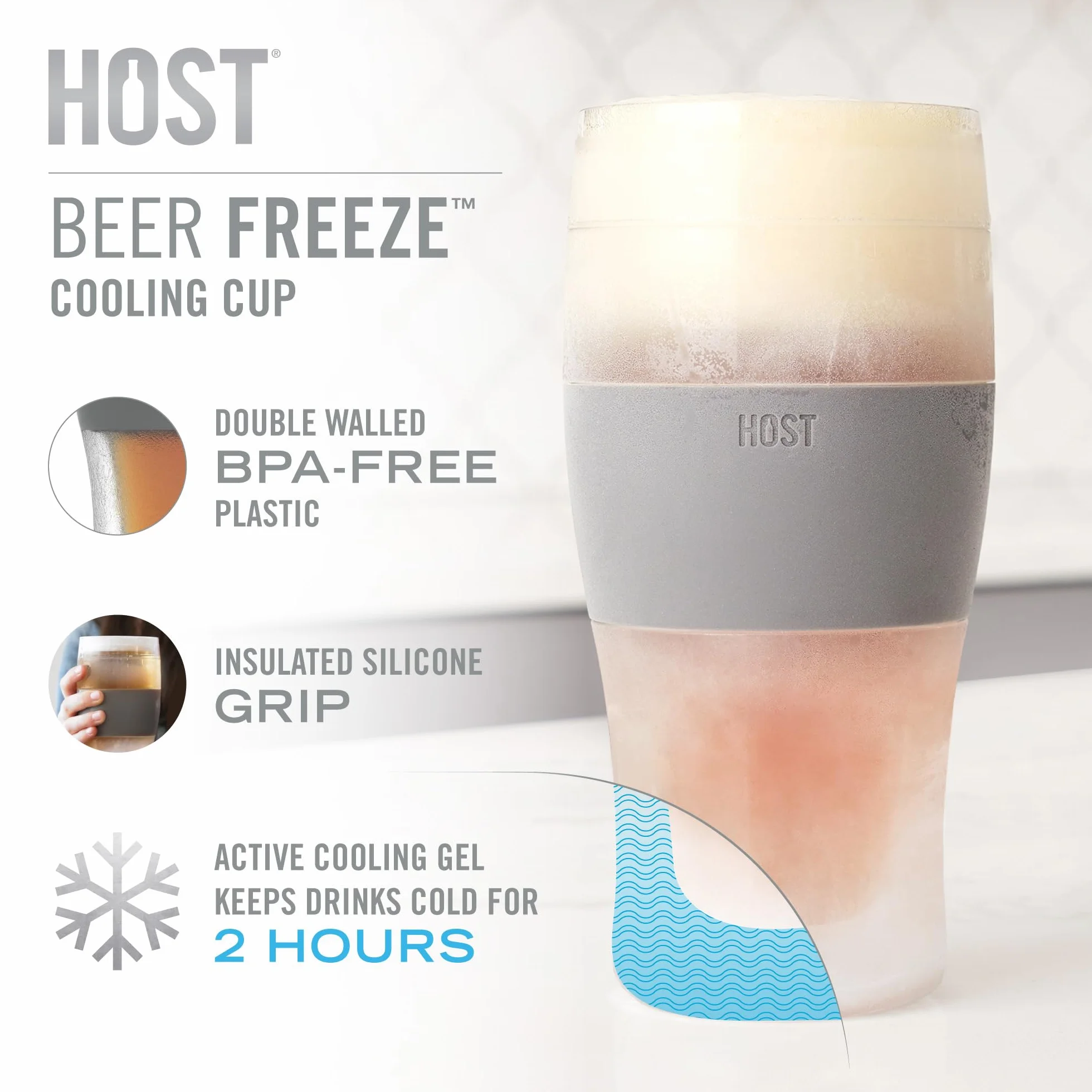 Host Szklanki do piwa Freeze, 473 ml chłodziarka żelowa z podwójną ścianką plastikowy mrożony kufel amerykański (473 ml / .83 pint) szkło, zestaw 2 szt., szare
