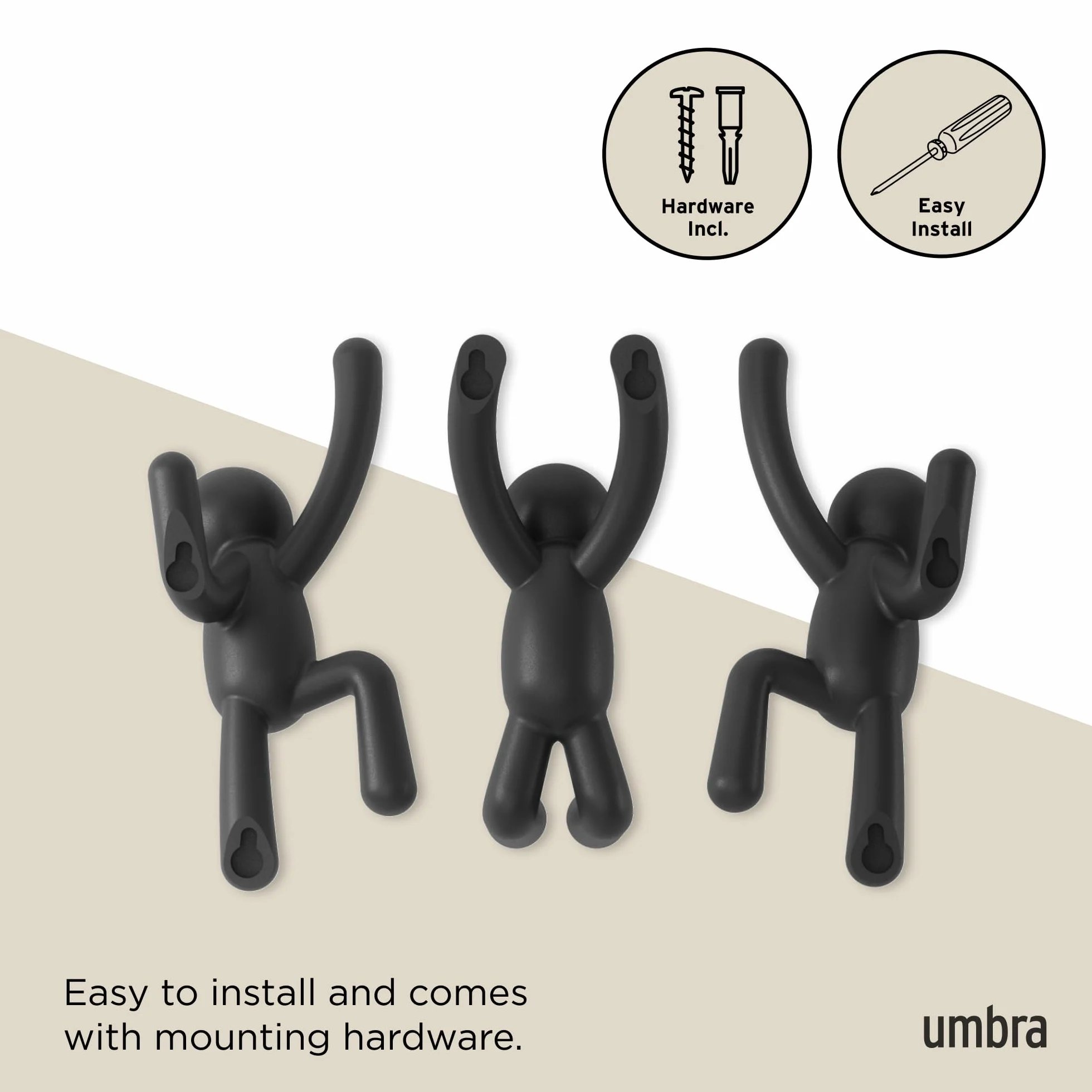Umbra Buddy Haczyki Ścienne, Czarny, 10 Cale L x 7.5 Cale W x 3 Cale H