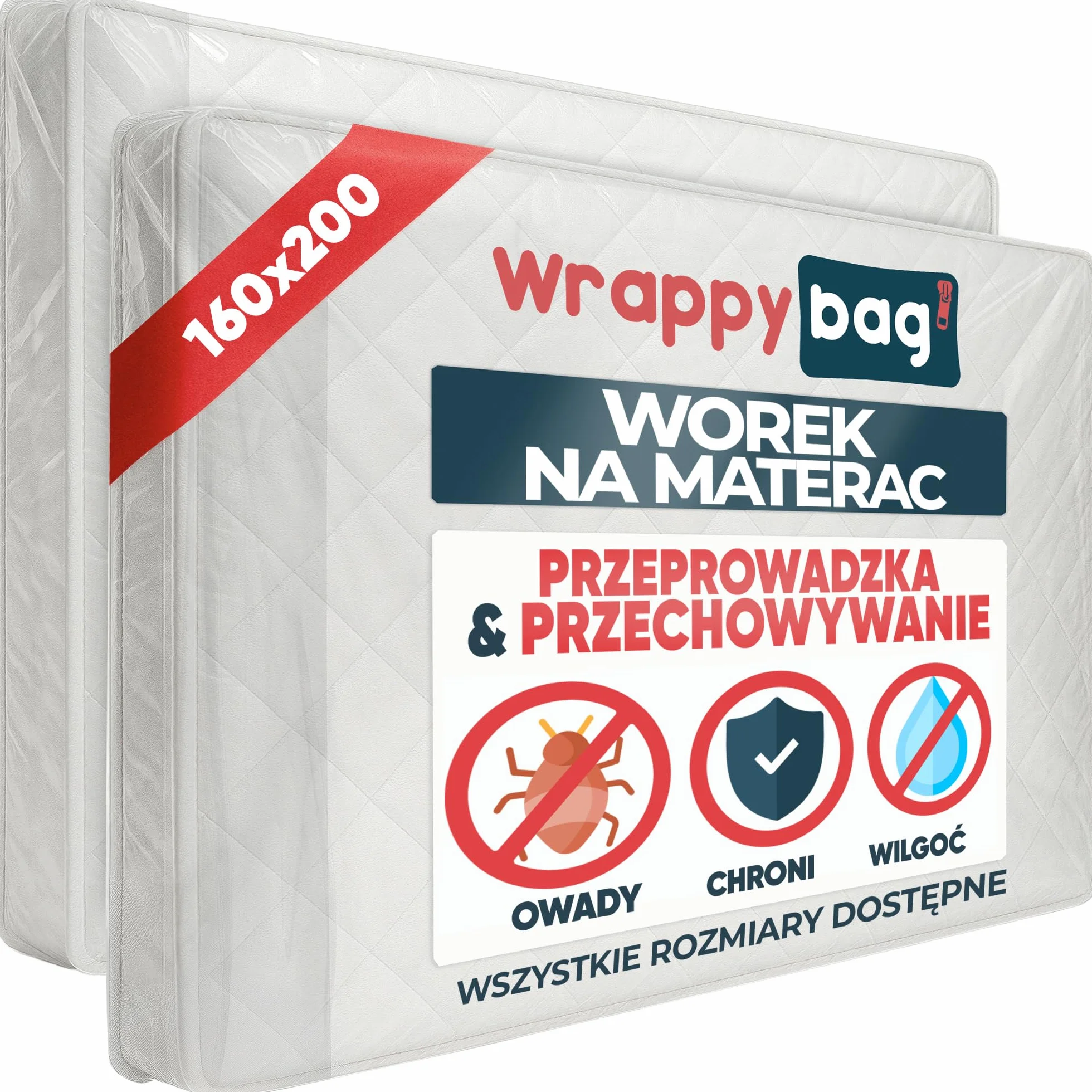 WRAPPYBAG – Plastikowy Pokrowiec Ochronny na Materac – Torba do Przechowywania z Zakładką – do Przeprowadzki, Magazynowania i Transportu – 160 x 200 cm - 2 szt.