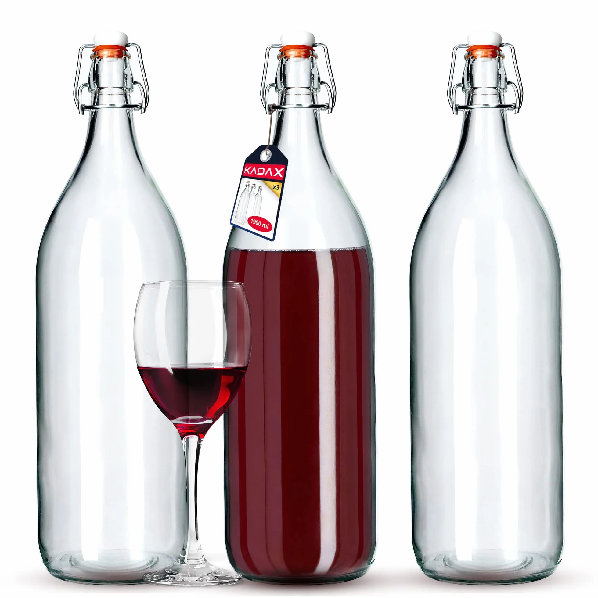 KADAX butelka szklana, butelka na likier owocowy, butelka vintage z sodowego szkła, przezroczysta butelka z zamknięciem kabłąkowym, butelka z zamknięciem kabłąkowym, butelka na likier kwekowy (1,9L, 3