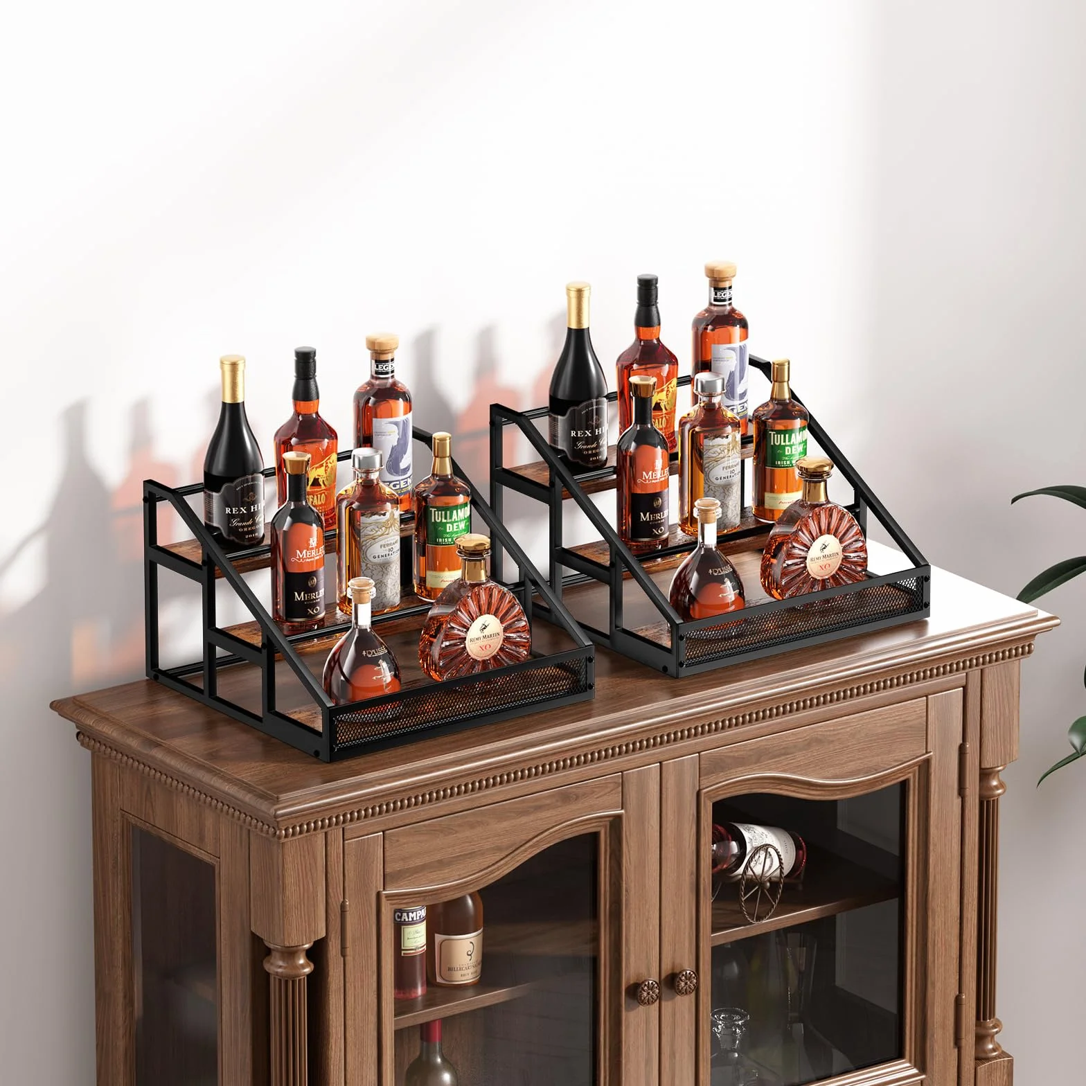 TJ.MOREE Stojak na wino, drewniany stojak na wino z tacą, mieści 9 butelek wina i 4 kieliszki, wolnostojący stojak na wino do domu, kuchni, baru, piwnicy na wino