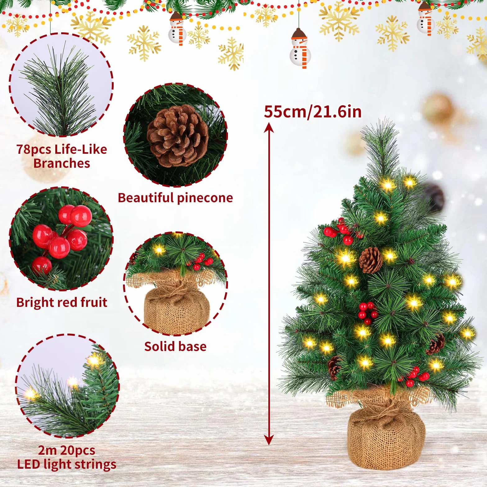 Choinka z oświetleniem, mała choinka: 55 cm, mini stół, choinka z oświetleniem LED 2 m, sztuczna dekoracja bożonarodzeniowa, zielona choinka na stół, do biura, na zewnątrz