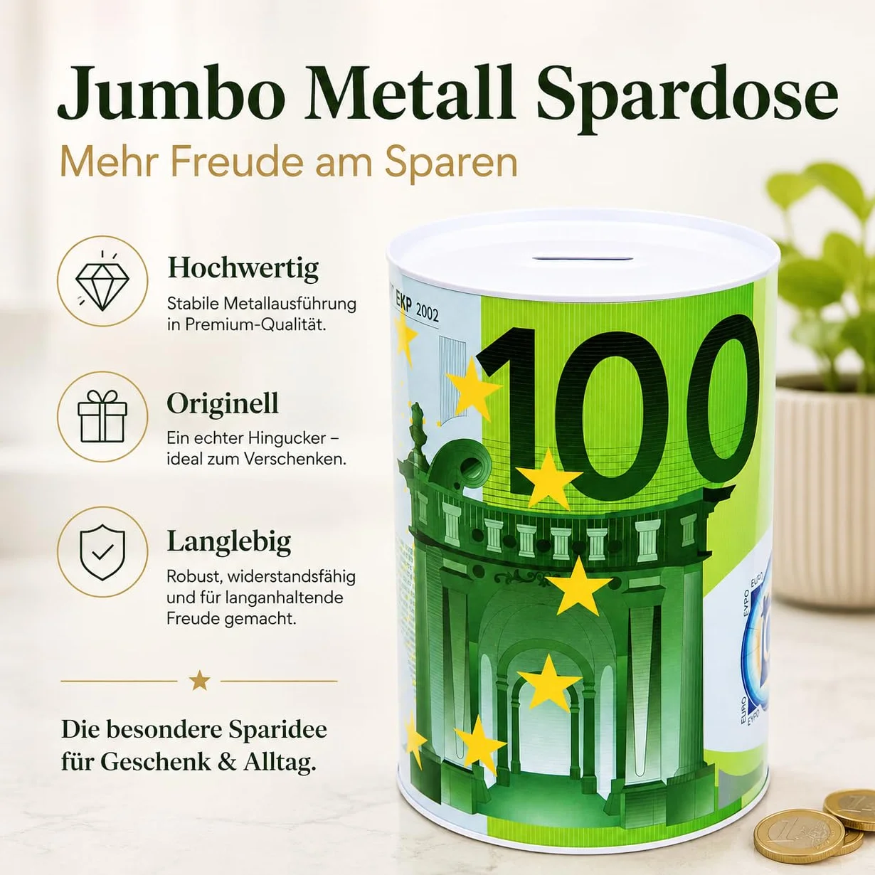 Jumbo skarbonka 100 euro, świnka skarbonka, garnek do oszczędzania banknotów, metalowy, pomysł na prezent, 22 x 15 cm