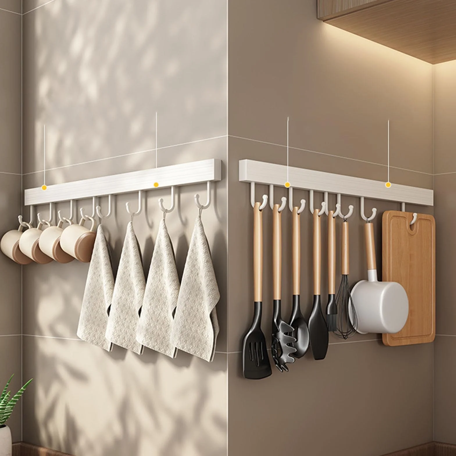 Haki ścienne do Kuchni Rack Rail Space Aluminiowy ścienny Hak Kuchenny Stojak Biały Wieszak Punch Spoon Łopata Deska do Krojenia Stojak do Przechowywania (10 haczyków 50 cm)