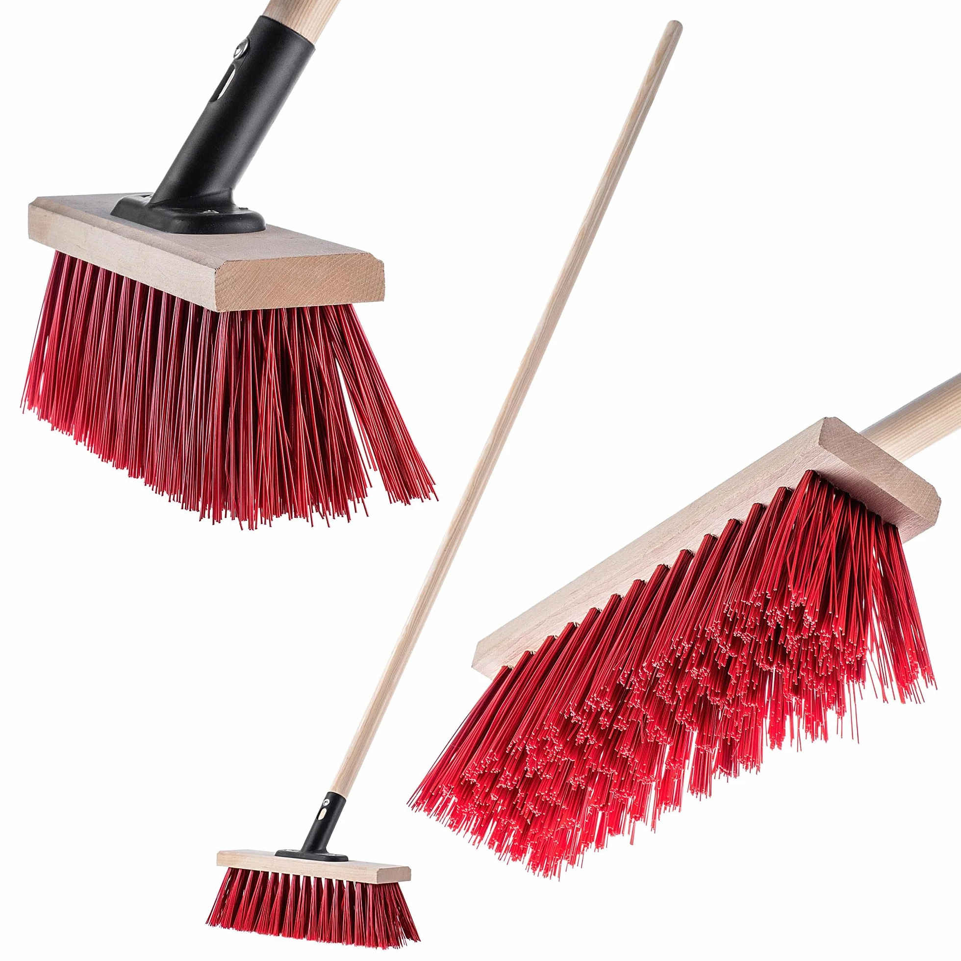 KADAX Miotła uliczna 30 cm, długi drewniany trzonek i metalowy uchwyt, wytrzymałe włosie nylonowe, kolor czerwony, do chodnika i podjazdu, skuteczna na piasek i brud