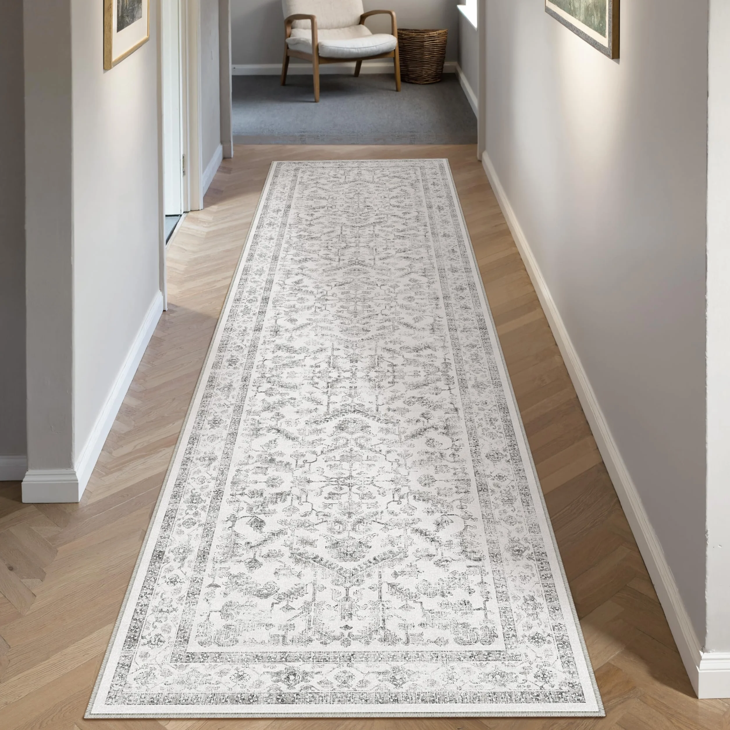 PureCozy Vintage Dywaniki Korytarz Długie Dywany 60 x 240 cm Szary Antypoślizgowy Zmywalne Dywanowa Kuchni Sypialni Pralni Krótkim WłOsiem Rug