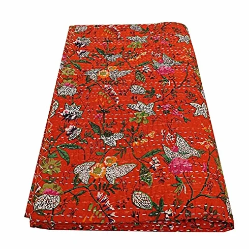 Dom indyjski ręcznie robiony Kantha pikowany vintage bawełniany raj nadruk boho narzuta na łóżko pościel dom dekoracyjna gudri (podwójny rozmiar 152 cm x 229 cm, czerwony)