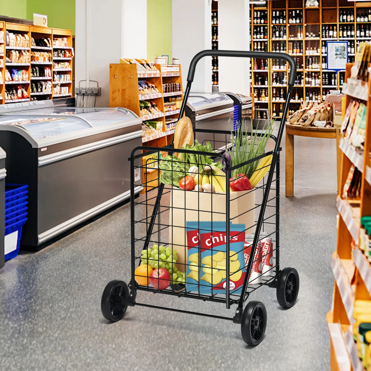 GOPLUS Składany wózek na zakupy, przenośny wózek transportowy o konstrukcji z wytrzymałej stalowej ramy z elastycznymi kołami i ergonomicznym uchwytem, składany wózek wielofunkcyjny do robienia