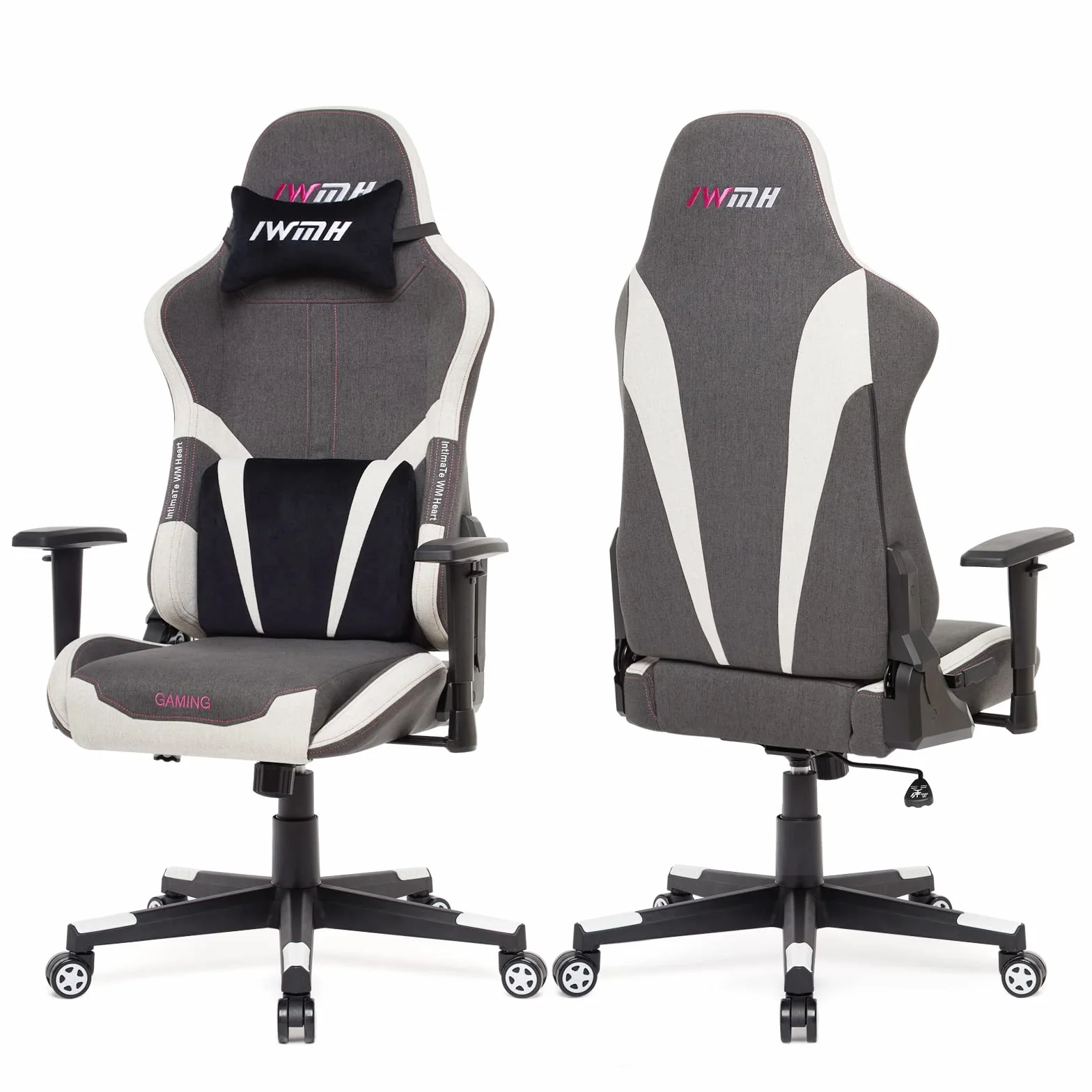 Intimate WM Heart Fotel gamingowy, gamingowy, ergonomiczny fotel obrotowy, z wysokim oparciem, krzesło komputerowe z funkcją przechylania, jasnoszare, białe, 49 x 56 x 131 cm