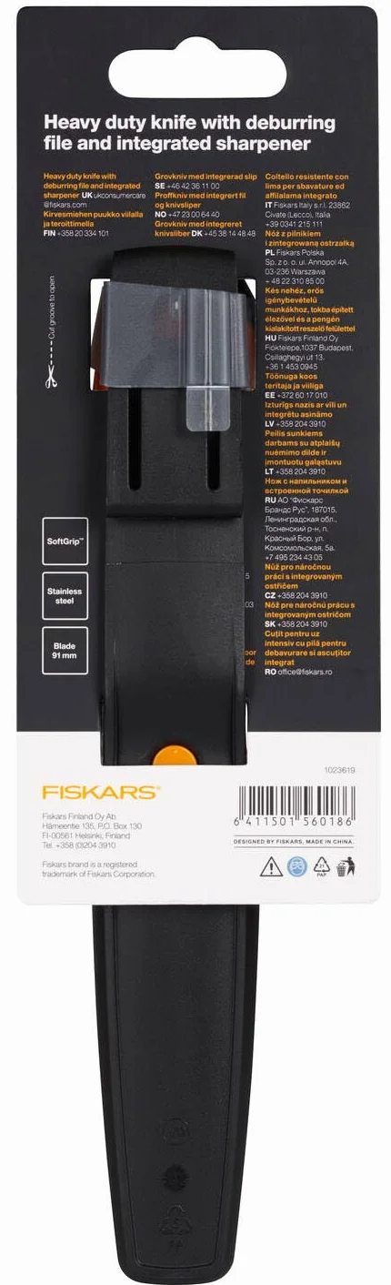 Fiskars Nóż profesjonalny wraz z kaburą z wbudowaną ostrzałką, Długość całkowita: 21,9 cm, Czarny/ pomarańczowy/ zielony, 1023619