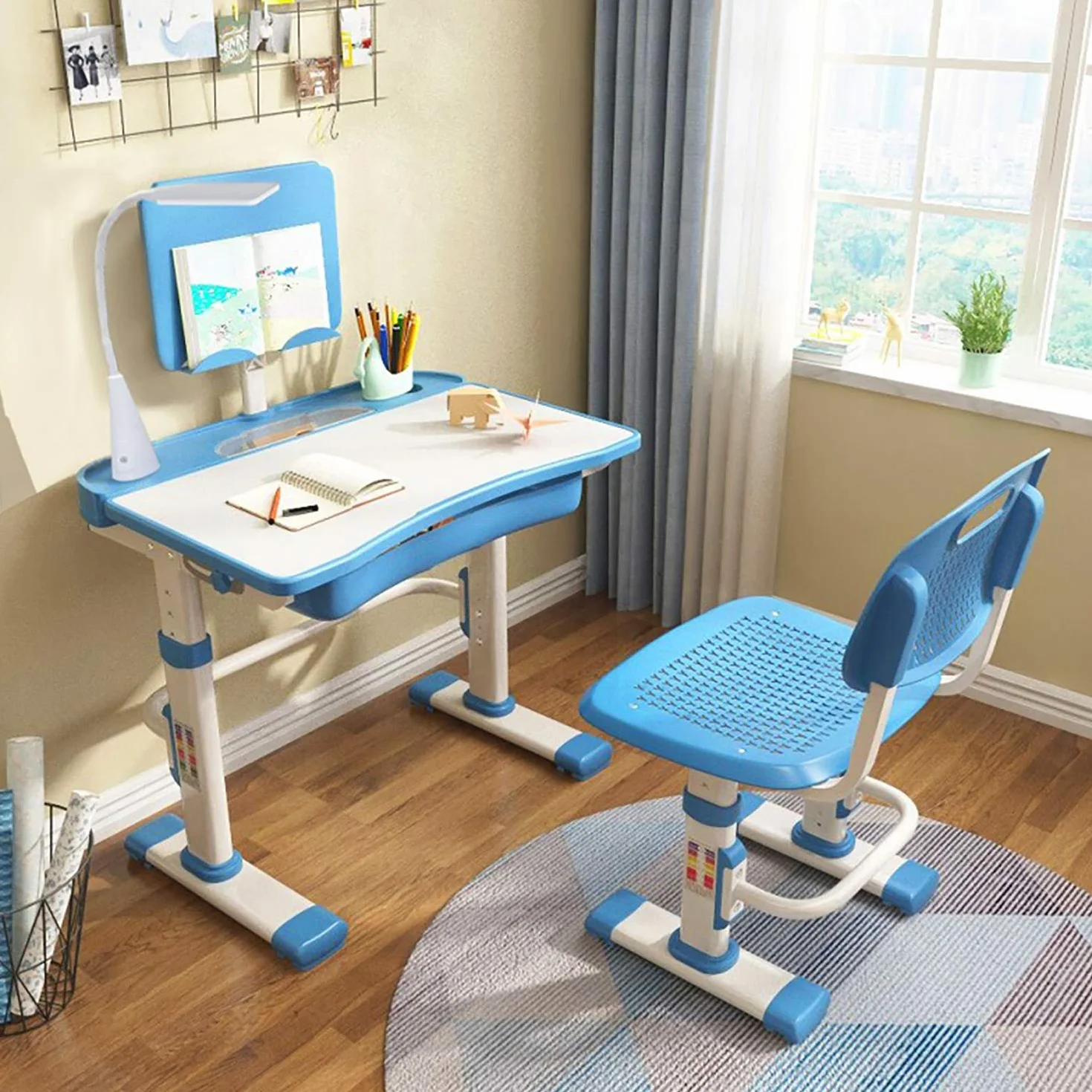 Yinleader Zestaw biurek i krzeseł dla dzieci Ergonomiczne biurko z regulacją wysokości Wielofunkcyjne biurko i krzesło studenckie z lampą i półką-niebieski
