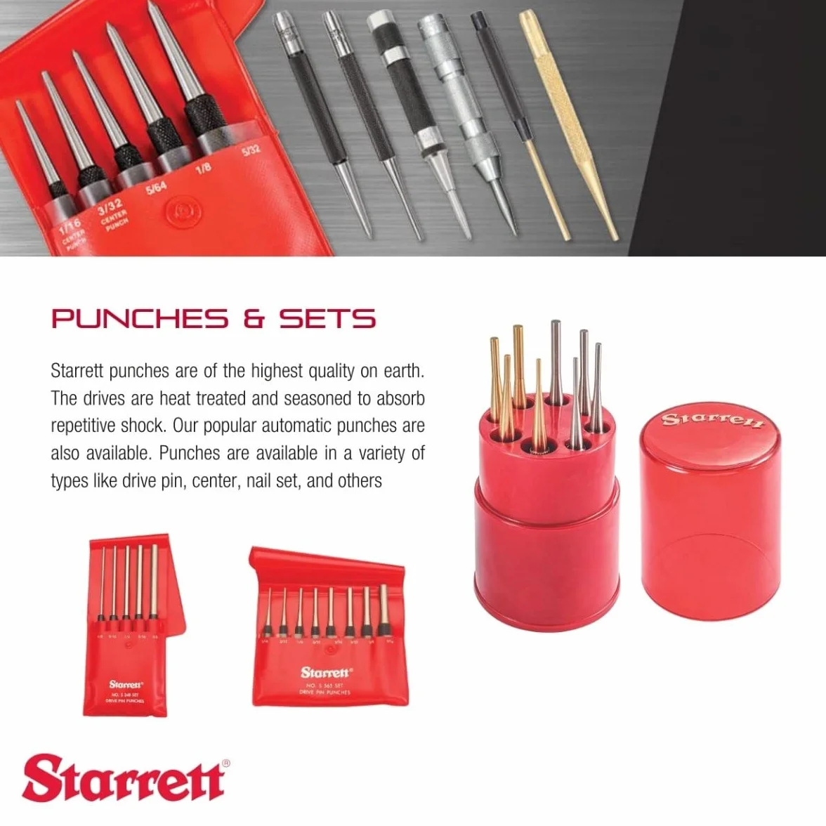Starrett 565B 10 cm długość całkowita, długość trzpienia 11/16 cala, średnica bolca 3/32 cala, dziurkacz kołka napędowego